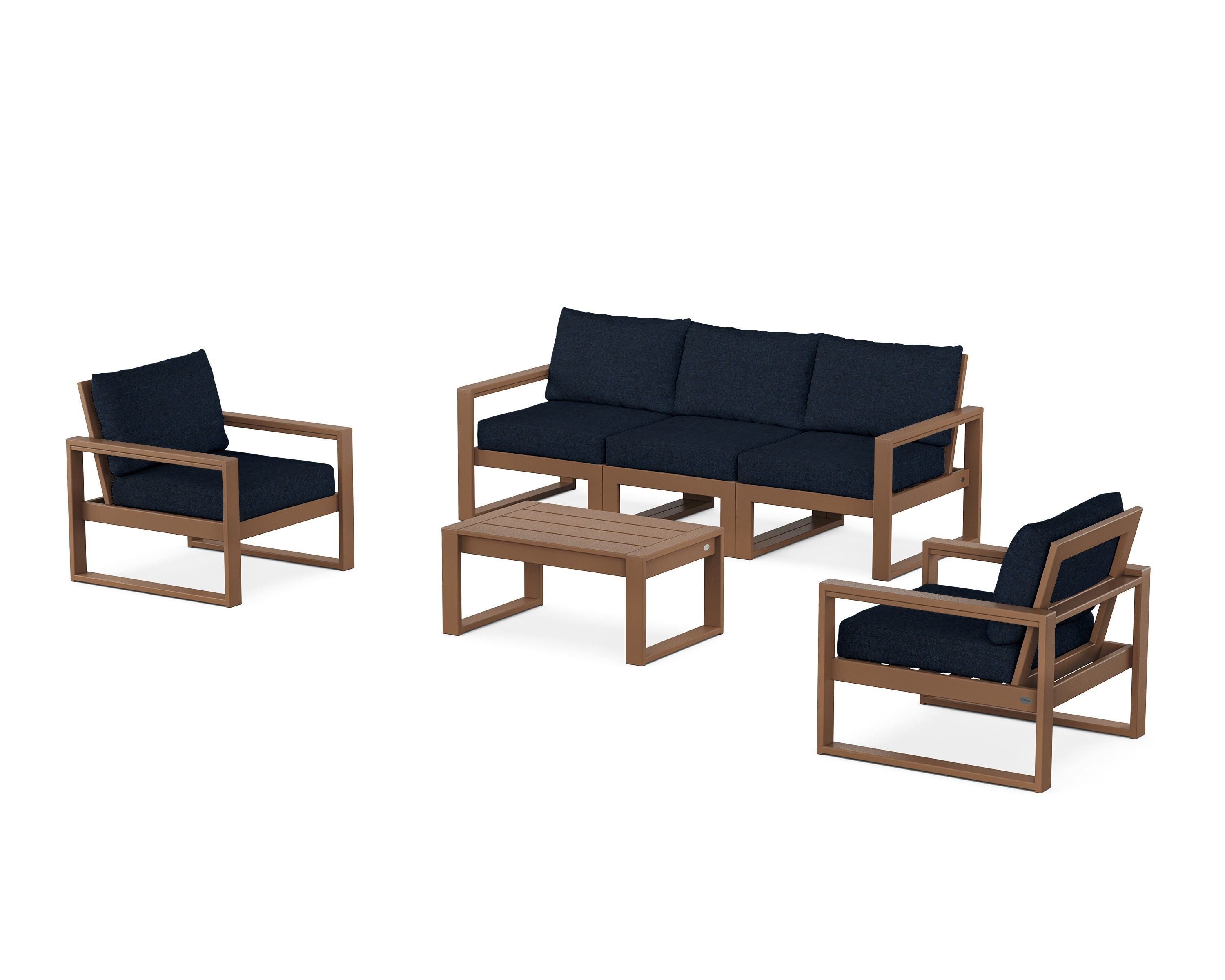 POLYWOOD EDGE Sectional 4-Piece Deep Seating Set with Sofa in Teak / Marine Indigo