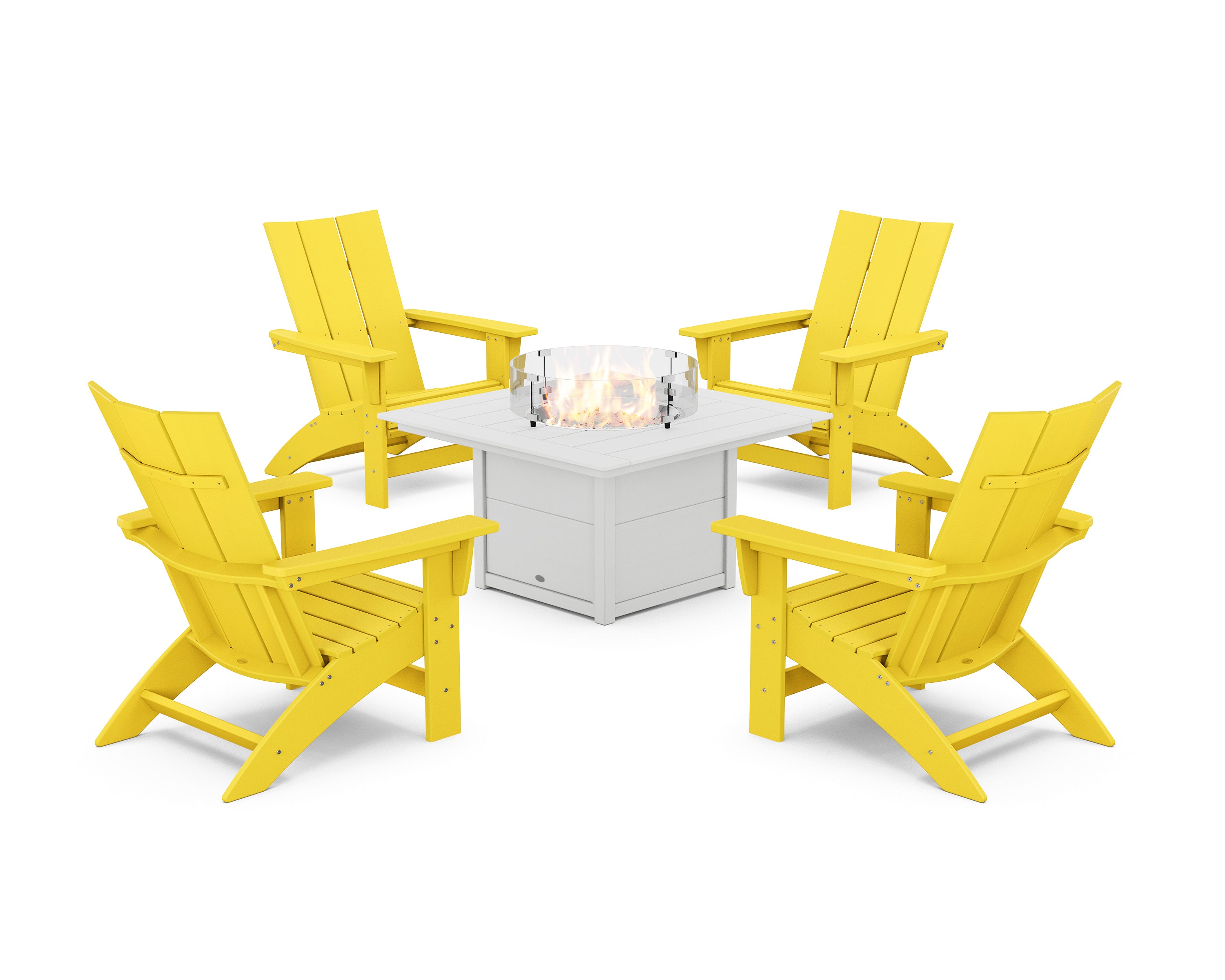 POLYWOOD® 5-Piece Modern Grand Adirondack Conversation Set with Fire Pit Table in Lemon / White