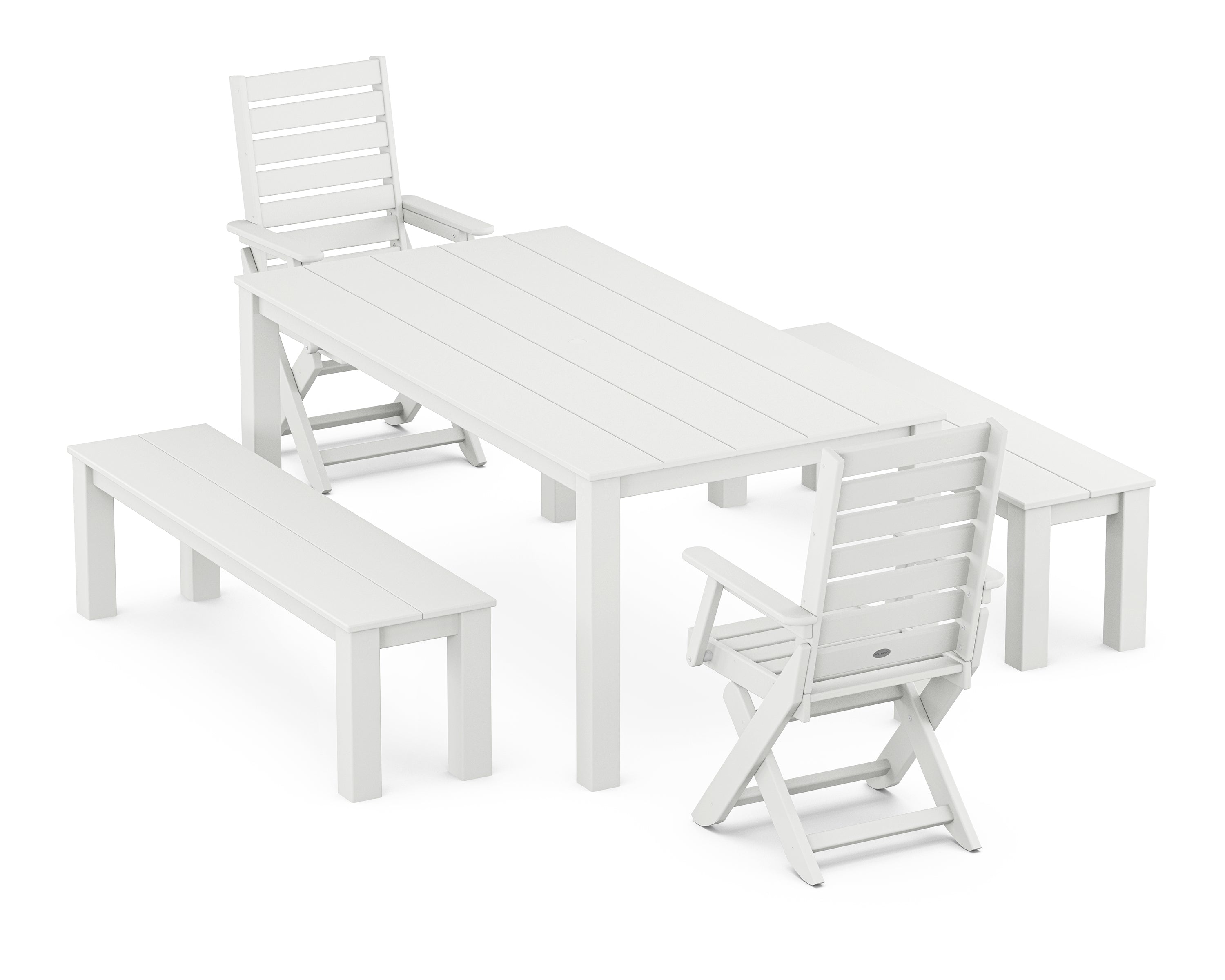 POLYWOOD® Captain Folding Chair 5-Piece Parsons Dining Set with Benches in White