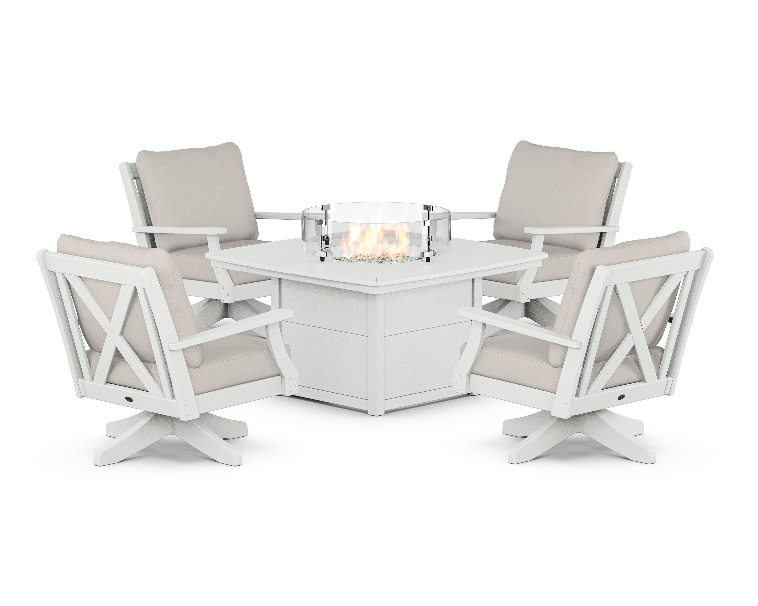 POLYWOOD Braxton 5-Piece Deep Seating Swivel Conversation Set with Fire Pit Table in White / Cast Ash