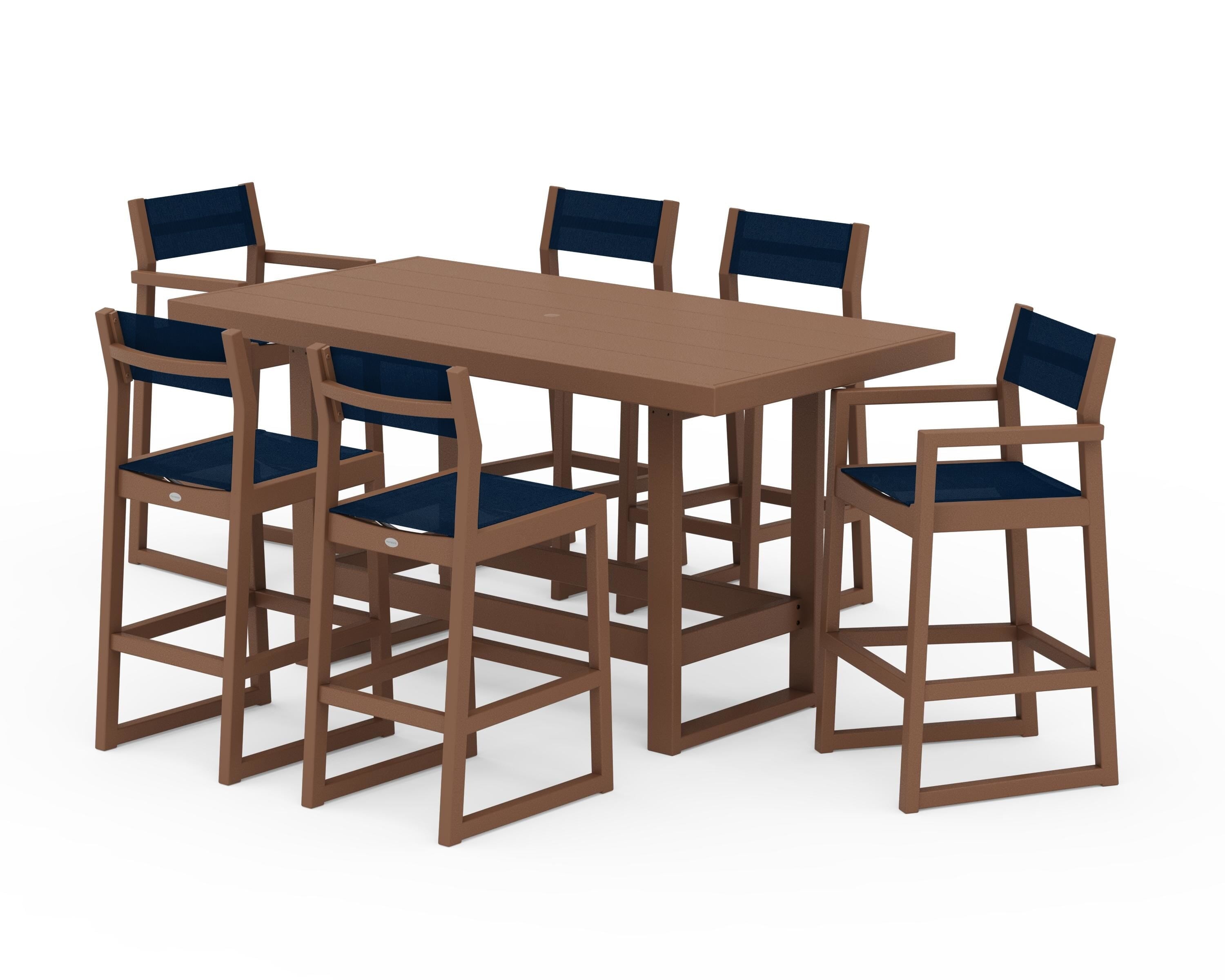 POLYWOOD EDGE Sling 7-Piece Bar Table Set in Teak / Navy Blue Sling