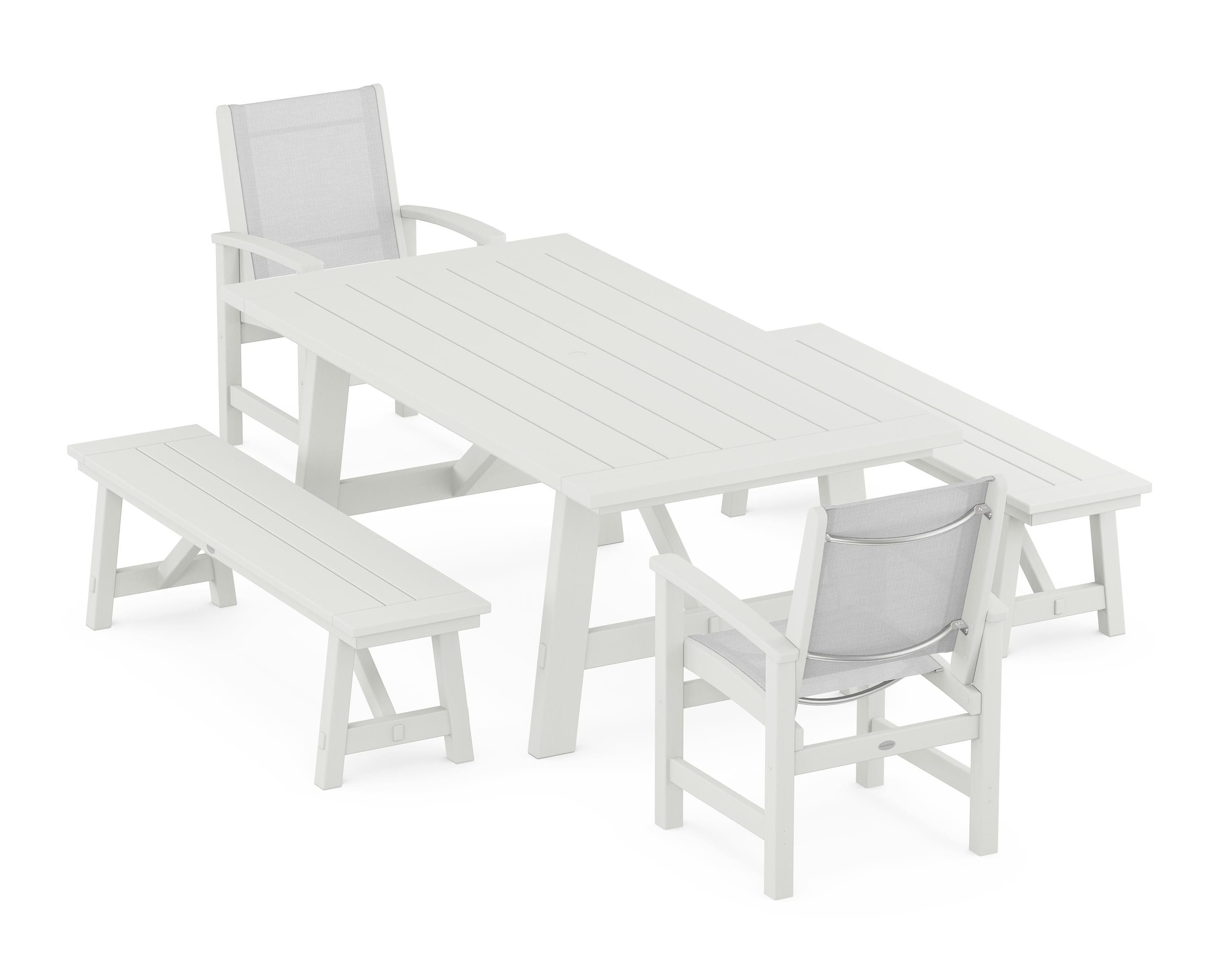 POLYWOOD Coastal 5-Piece Rustic Farmhouse Dining Set With Benches in Vintage White / White Sling