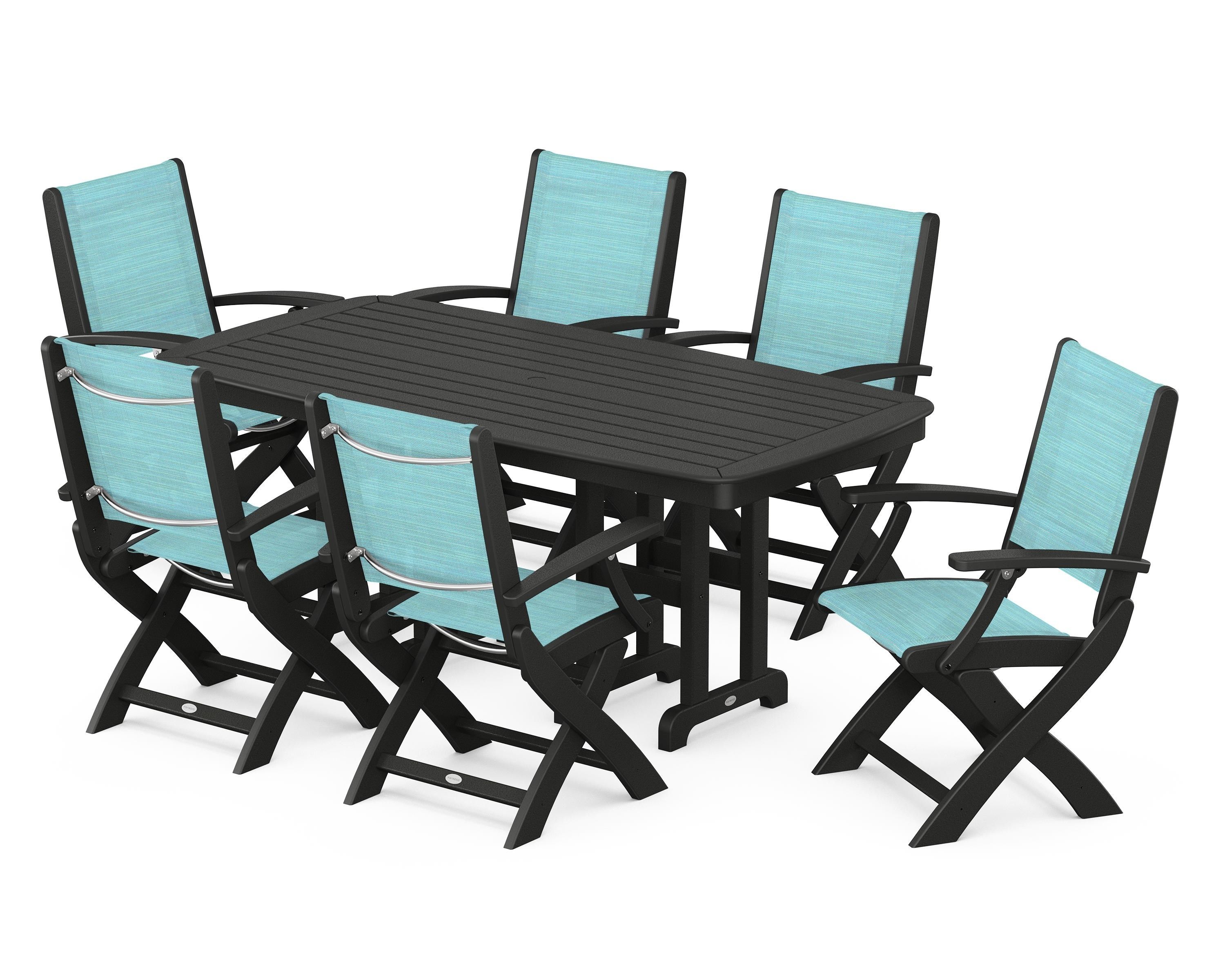 POLYWOOD Coastal Folding Arm Chair 7-Piece Dining Set in Black / Dupioni Aquamarine Sling