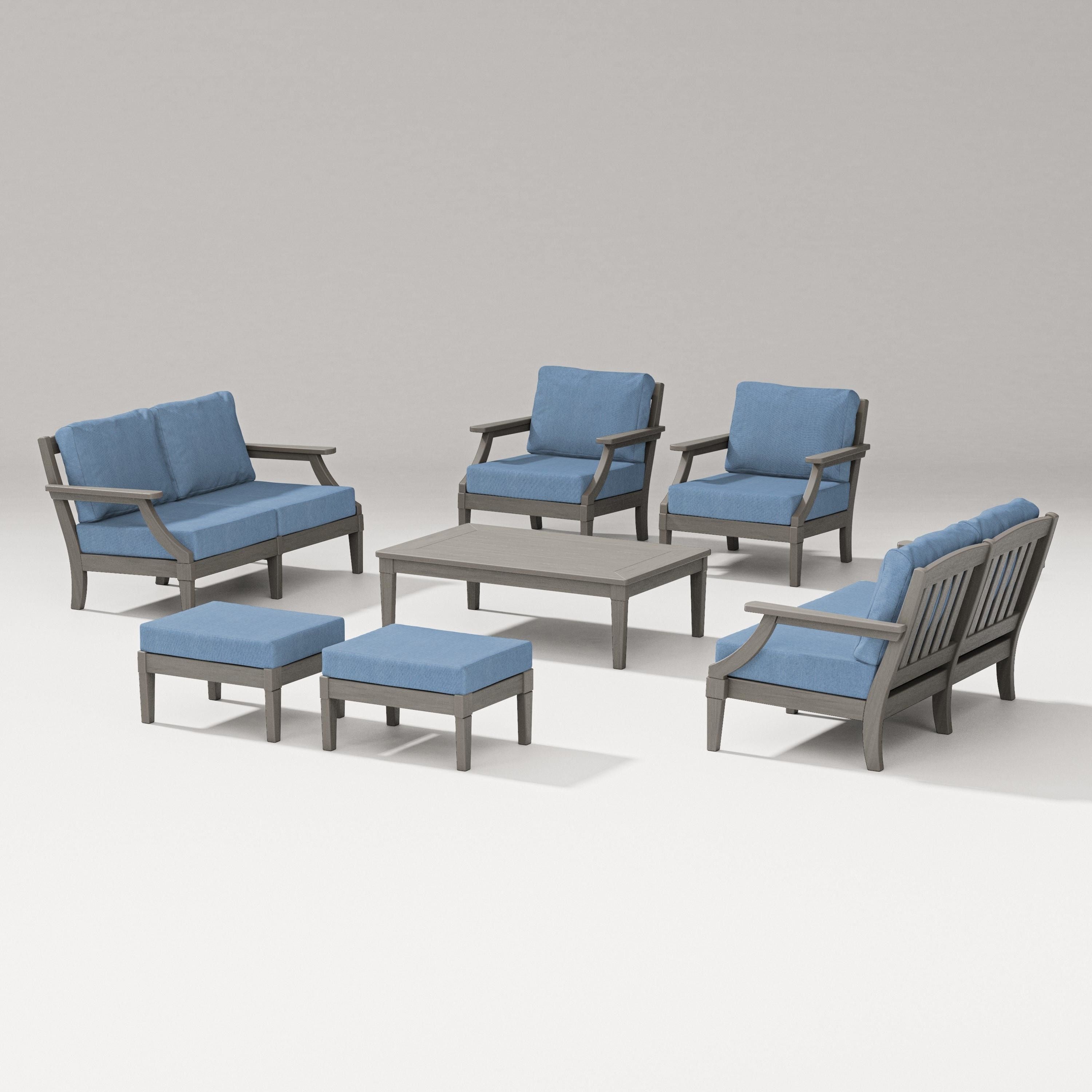 PW Designer Series Estate 7-Piece Lounge Loveseat Set in Driftwood / Sky Blue