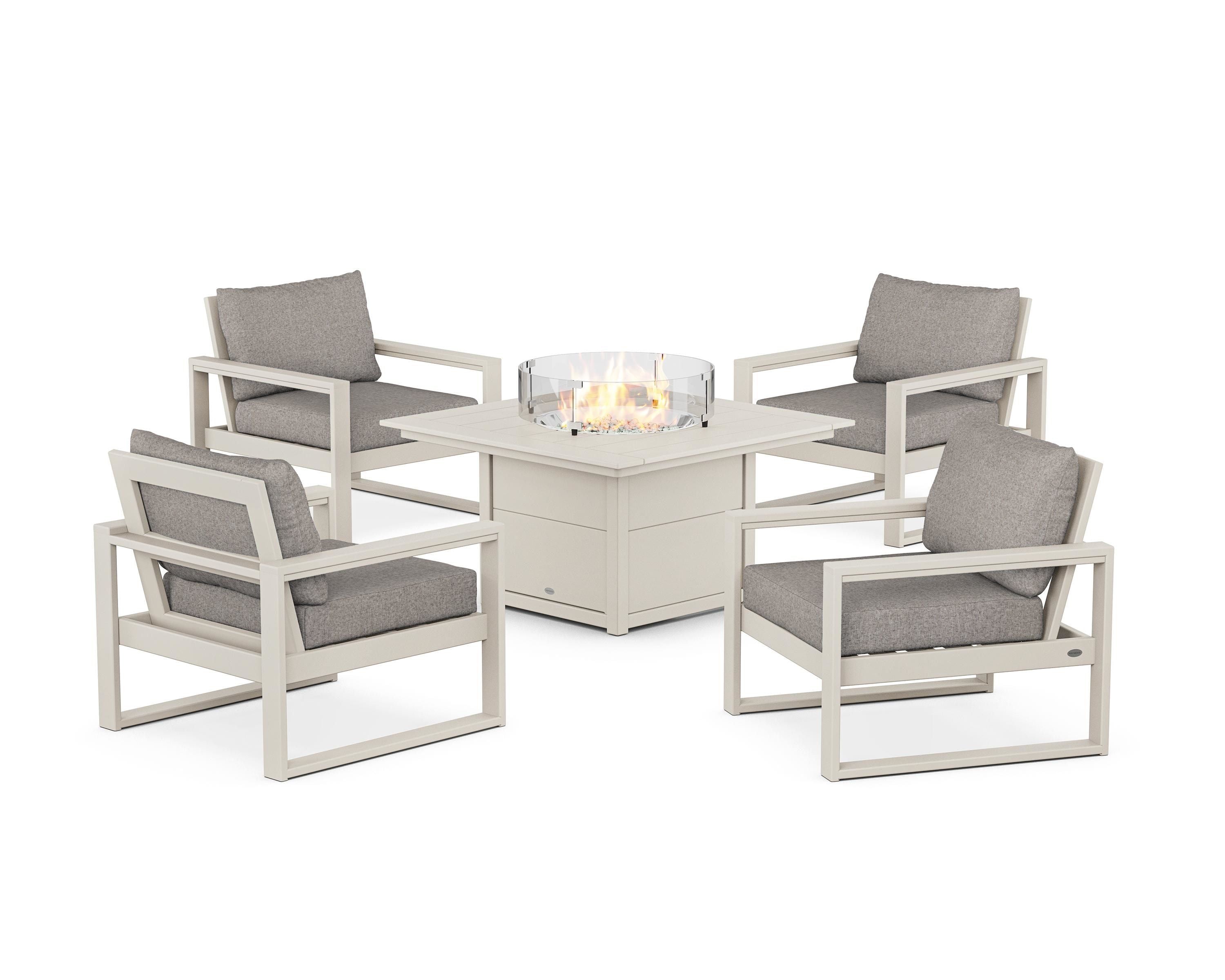 POLYWOOD EDGE Sectional 5-Piece Deep Seating Set with Fire Pit Table in Sand / Weathered Tweed