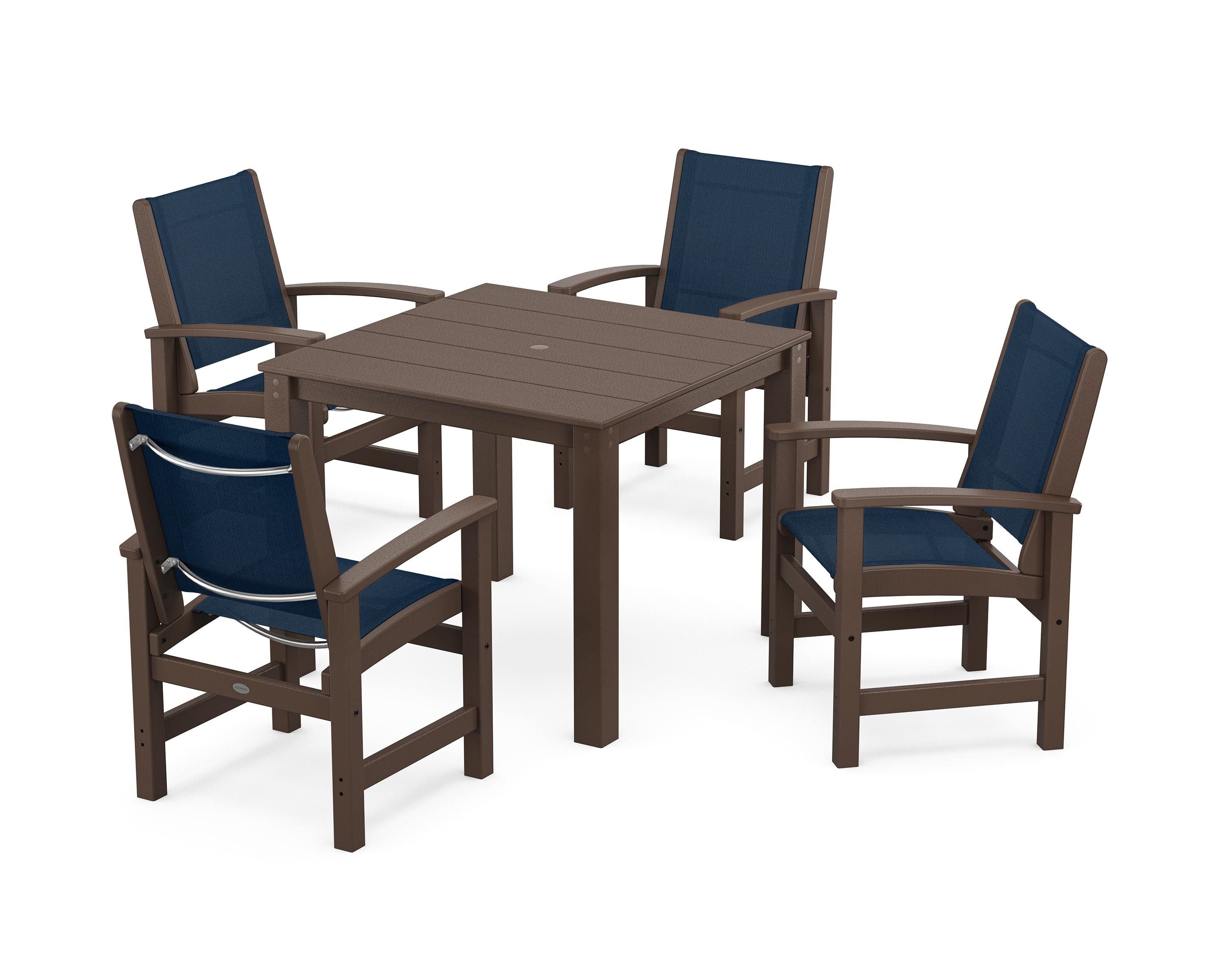 POLYWOOD Coastal 5-Piece Parsons Dining Set in Mahogany / Navy Blue Sling