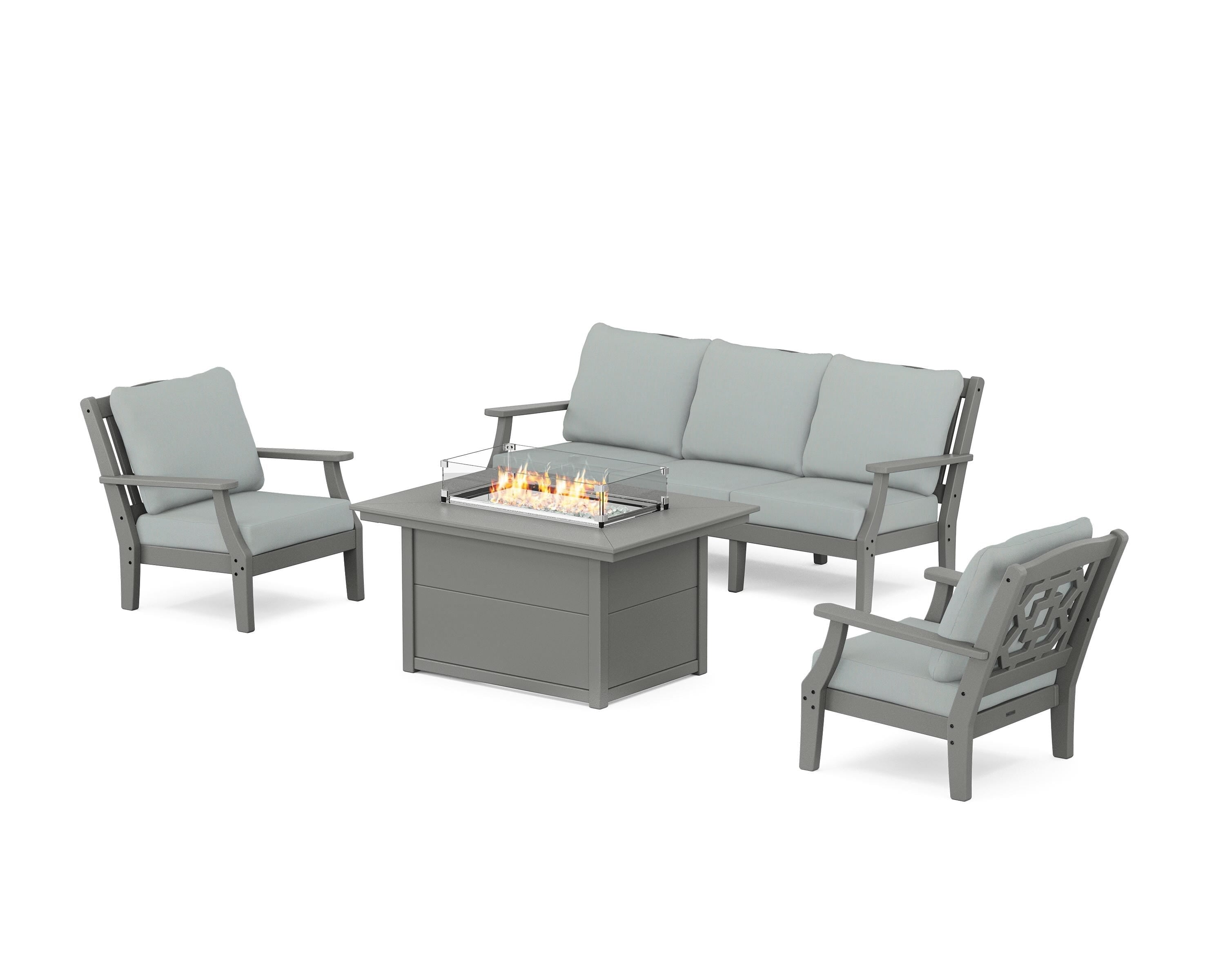 Martha Stewart by POLYWOOD Chinoiserie Deep Seating Fire Pit Table Set in Slate Grey / Spa