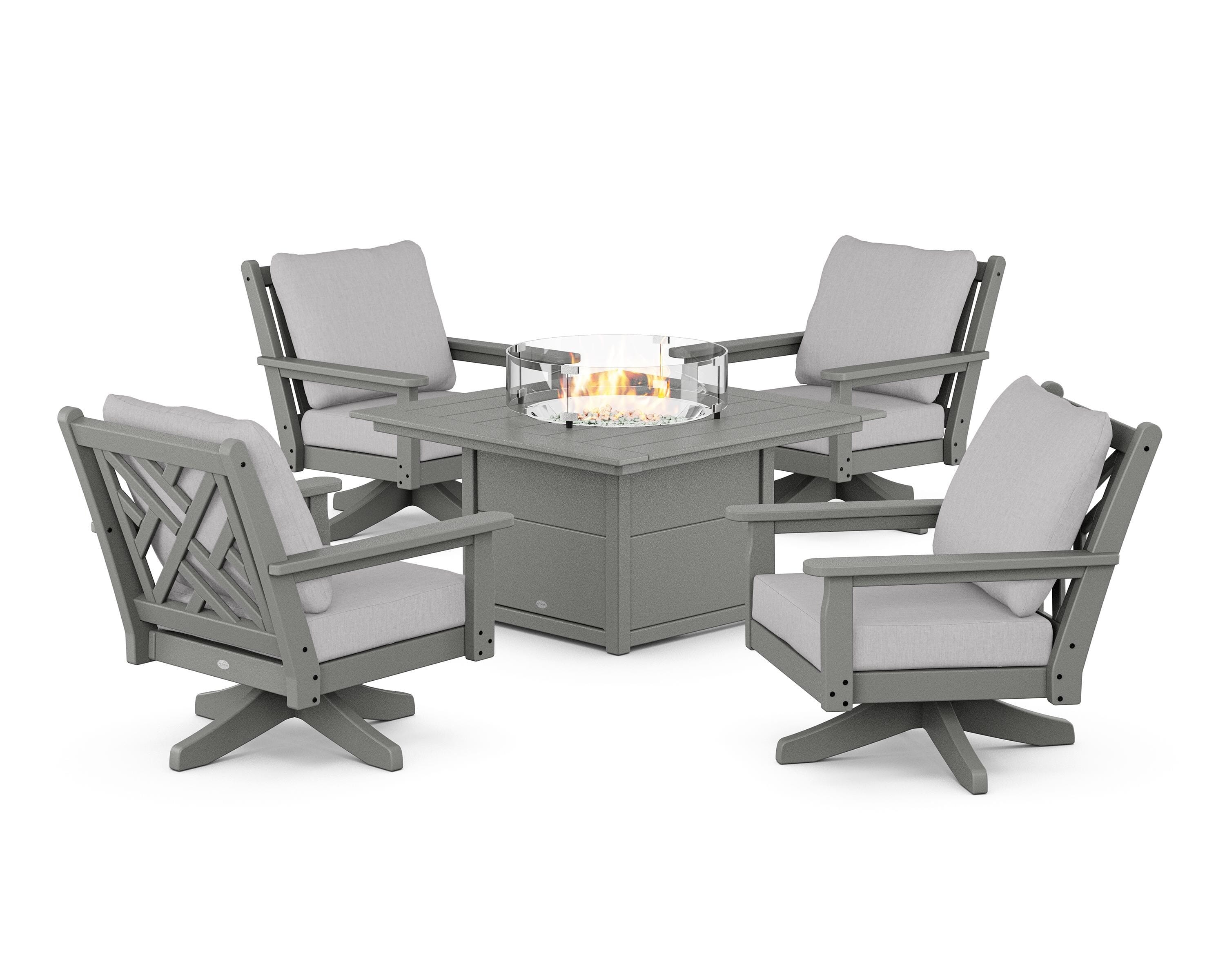 POLYWOOD Chippendale 5-Piece Deep Seating Swivel Conversation Set with Fire Pit Table in Slate Grey / Granite