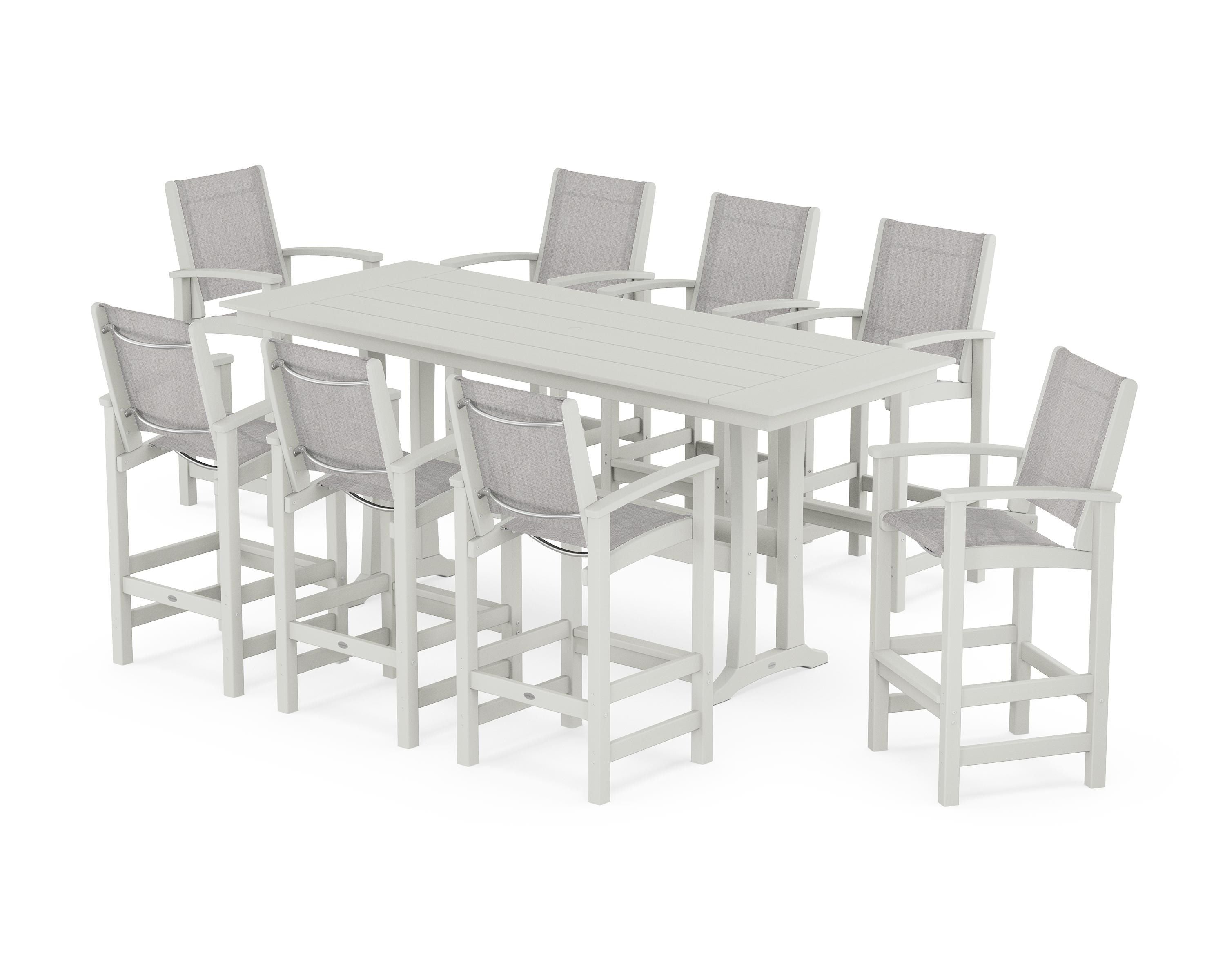 POLYWOOD Coastal 9-Piece Farmhouse Bar Set with Trestle Legs in Vintage White / Parchment Sling