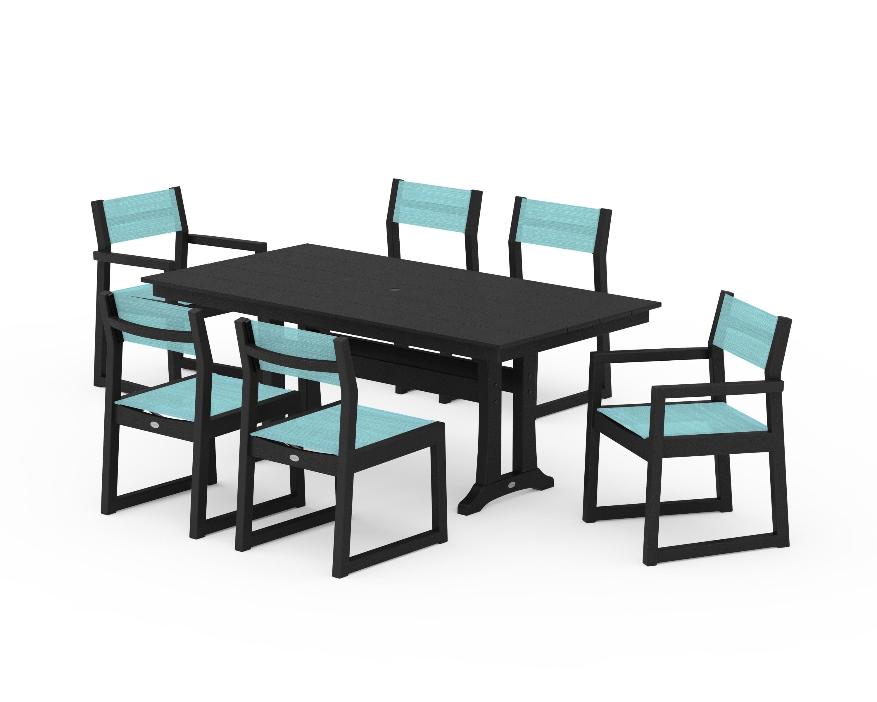 POLYWOOD EDGE Sling 7-Piece Farmhouse Trestle Dining Set in Black / Dupioni Aquamarine Sling
