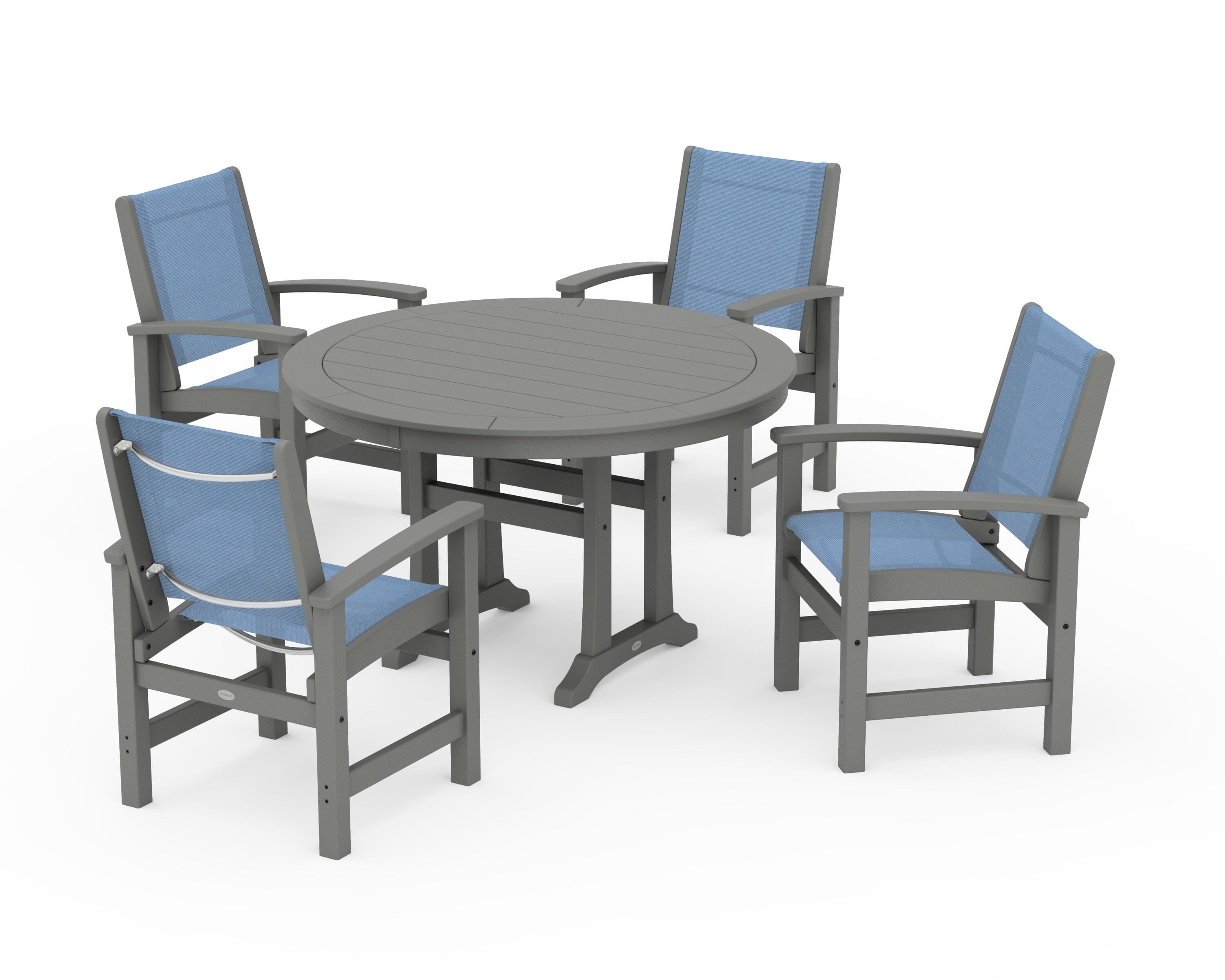 POLYWOOD Coastal 5-Piece Round Dining Set with Trestle Legs in Slate Grey / Poolside Sling