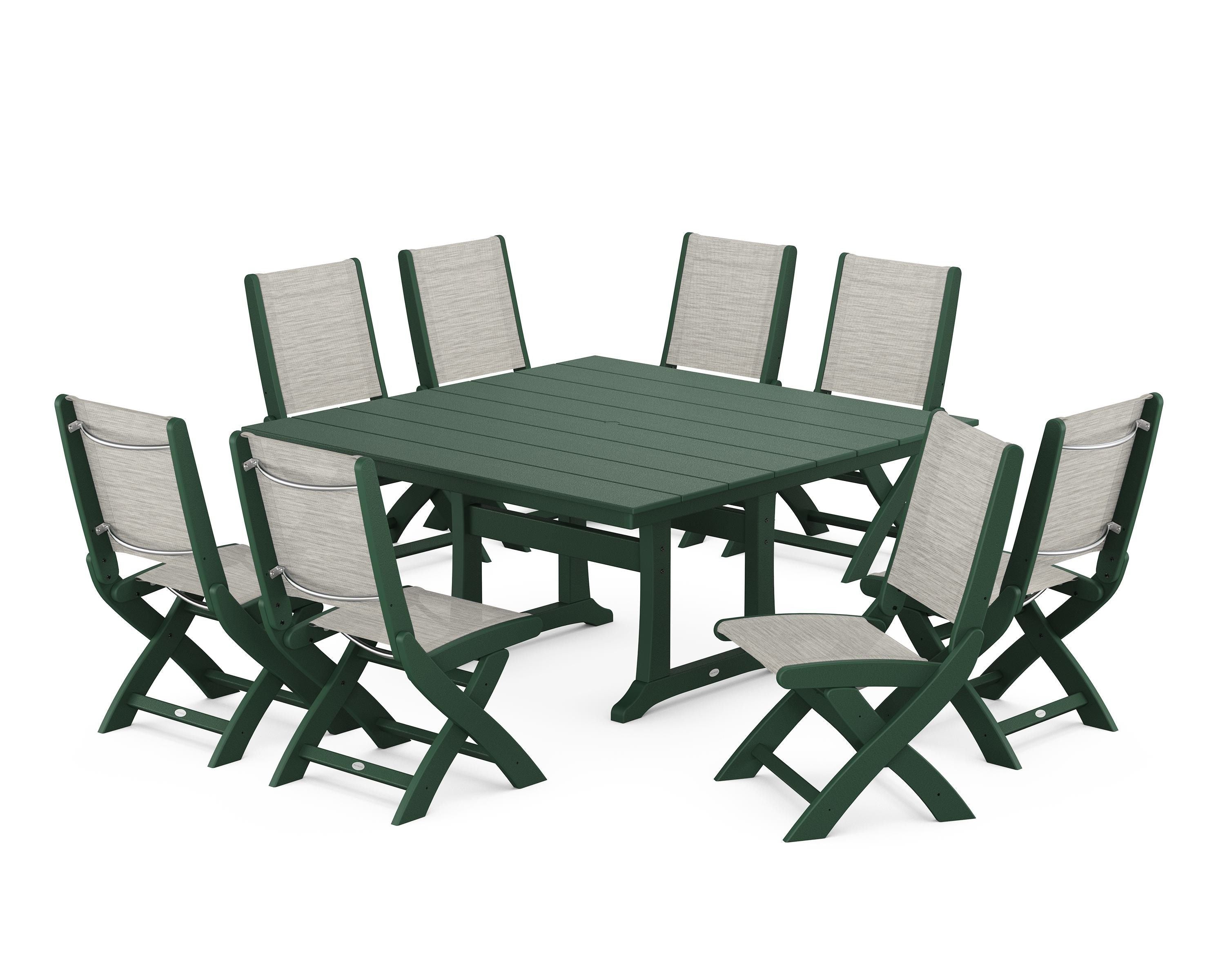 POLYWOOD Coastal Folding Side Chair 9-Piece Farmhouse Dining Set in Green / Birch Sling