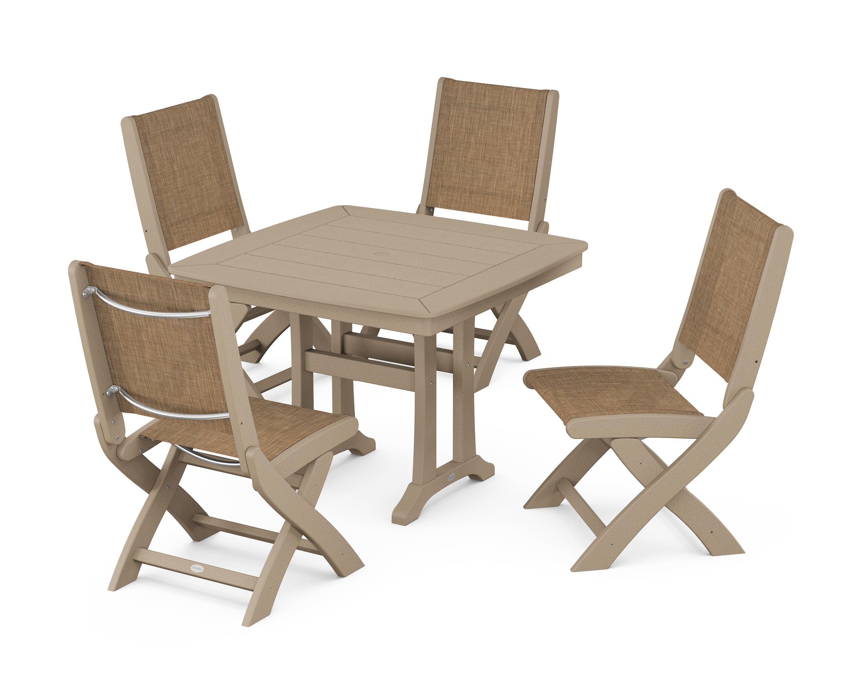 POLYWOOD Coastal Folding Side Chair 5-Piece Dining Set with Trestle Legs in Vintage Sahara / Burlap Sling