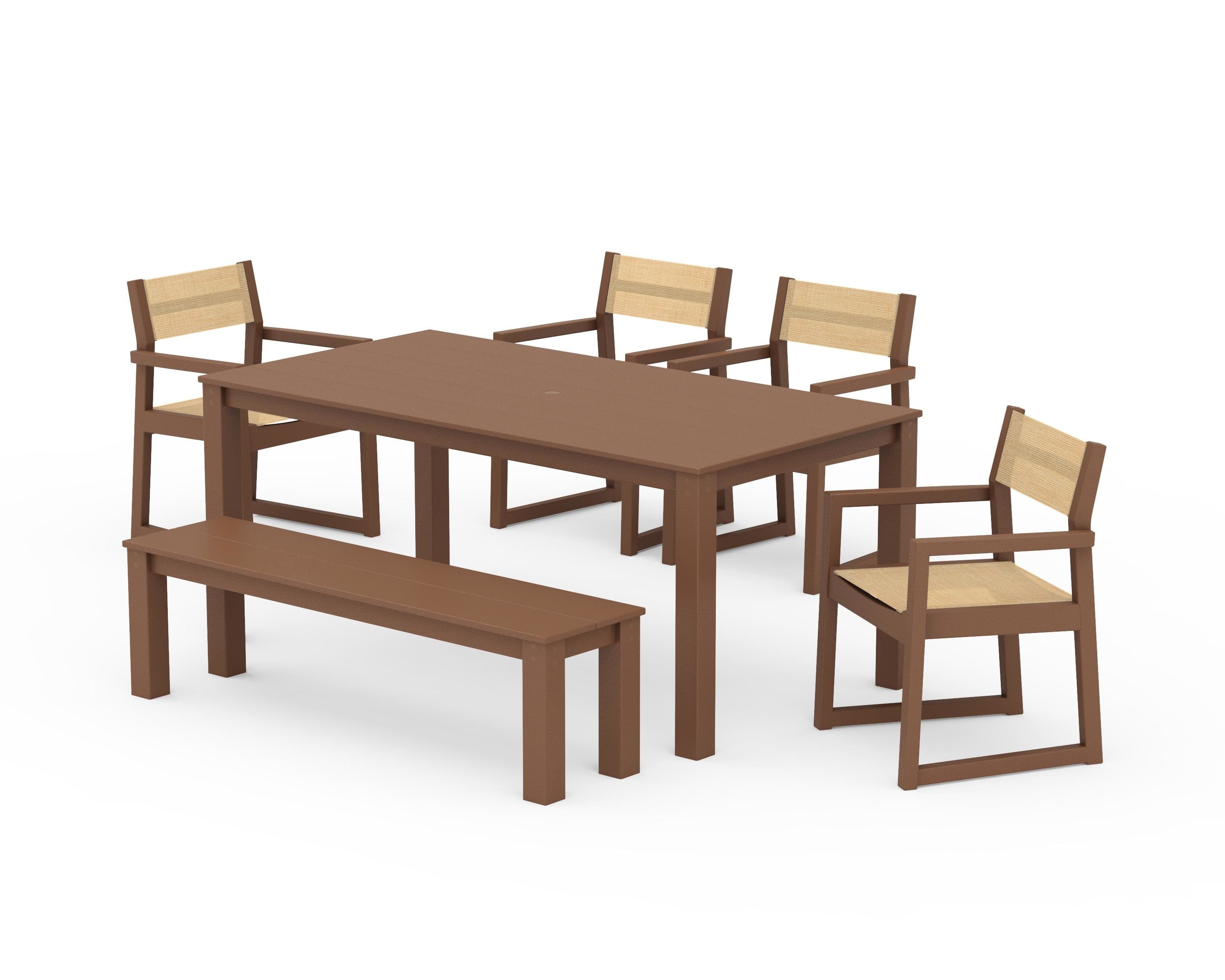 POLYWOOD EDGE Sling Arm Chair 6-Piece Parsons Dining Set with Bench in Teak / Dupioni Apricot Sling