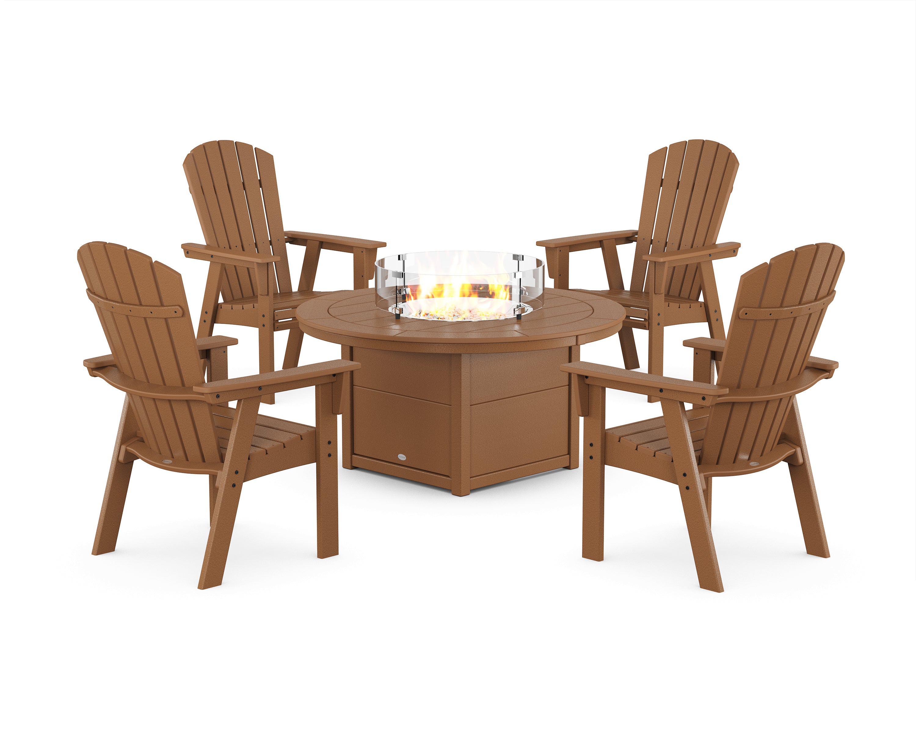 POLYWOOD® Nautical 4-Piece Curveback Upright Adirondack Conversation Set with Fire Pit Table in Teak