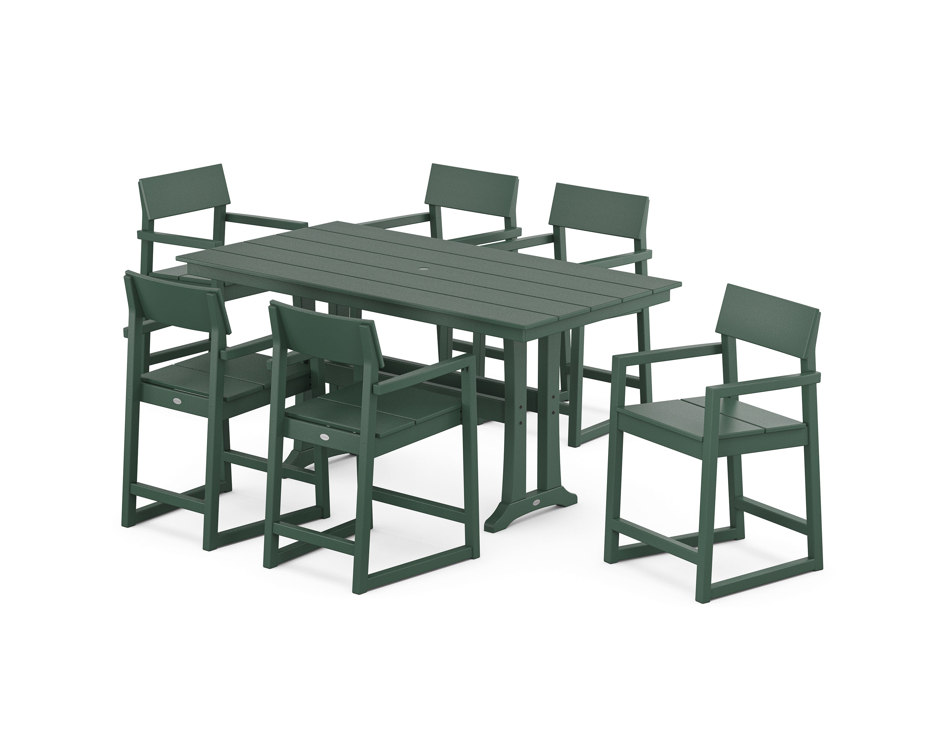 POLYWOOD® EDGE Arm Chair 7-Piece Farmhouse Counter Set with Trestle Legs in Green