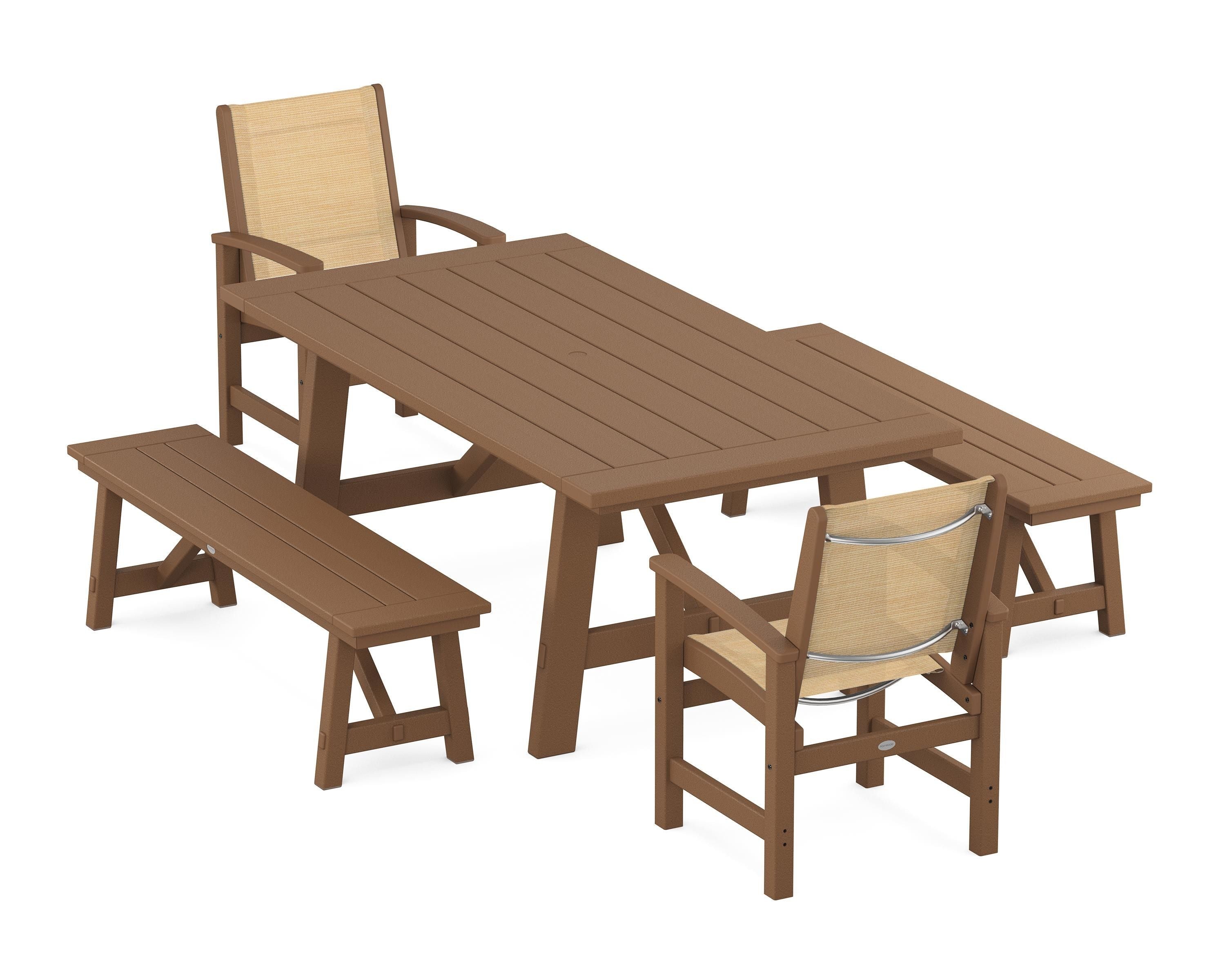POLYWOOD Coastal 5-Piece Rustic Farmhouse Dining Set With Benches in Teak / Dupioni Apricot Sling