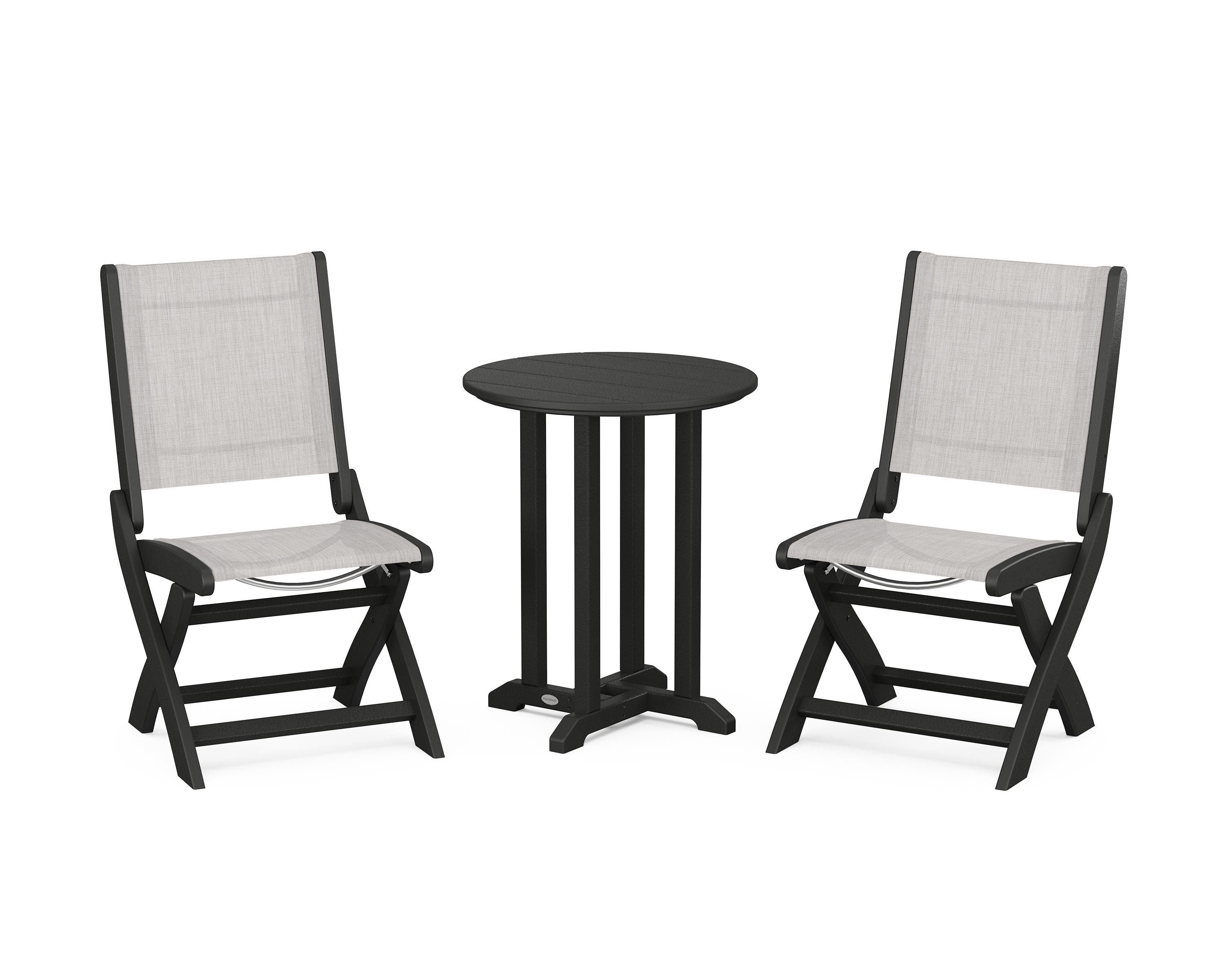 POLYWOOD Coastal Folding Side Chair 3-Piece Round Bistro Dining Set in Black / Parchment Sling
