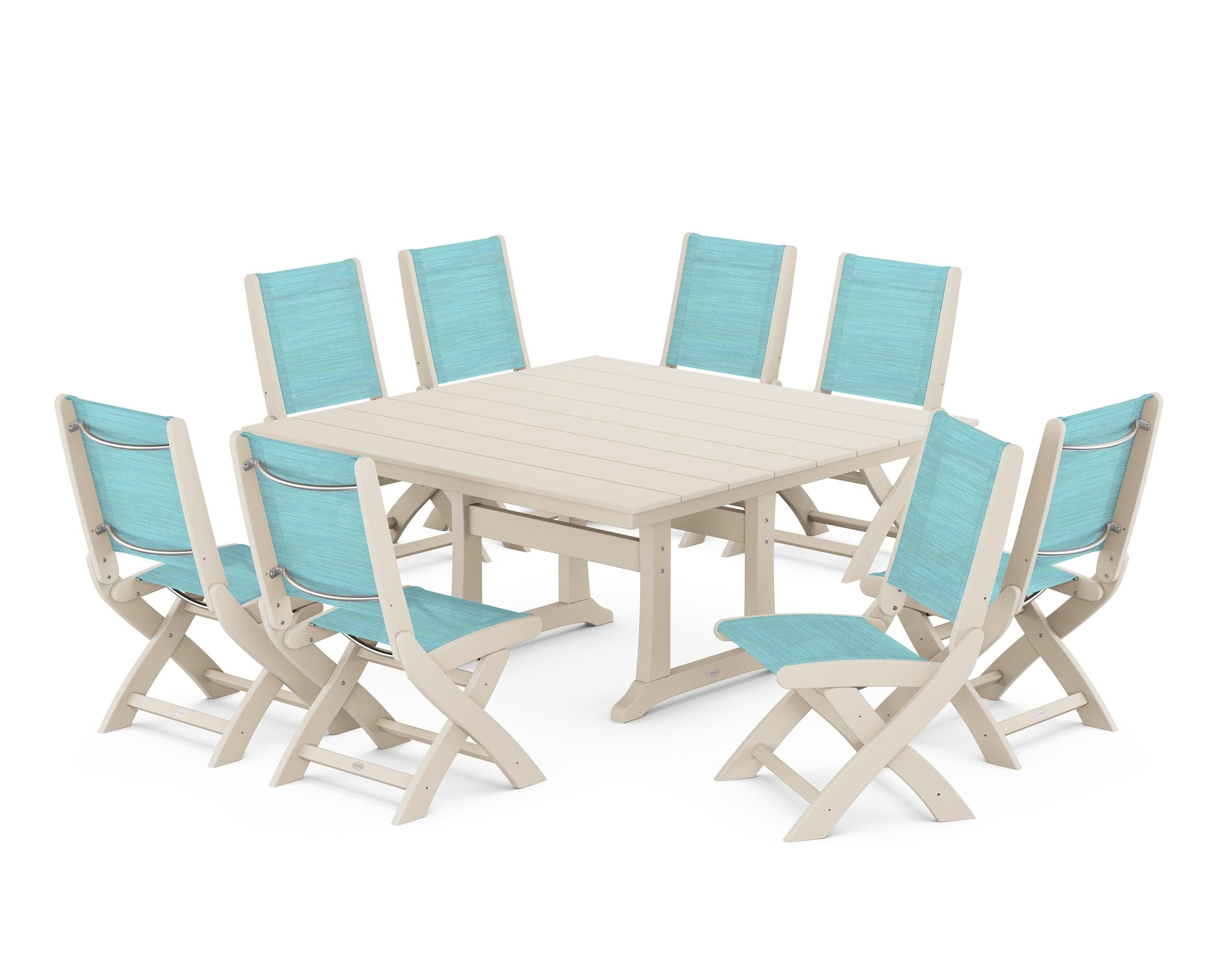 POLYWOOD Coastal Folding Side Chair 9-Piece Farmhouse Dining Set in Sand / Dupioni Aquamarine Sling