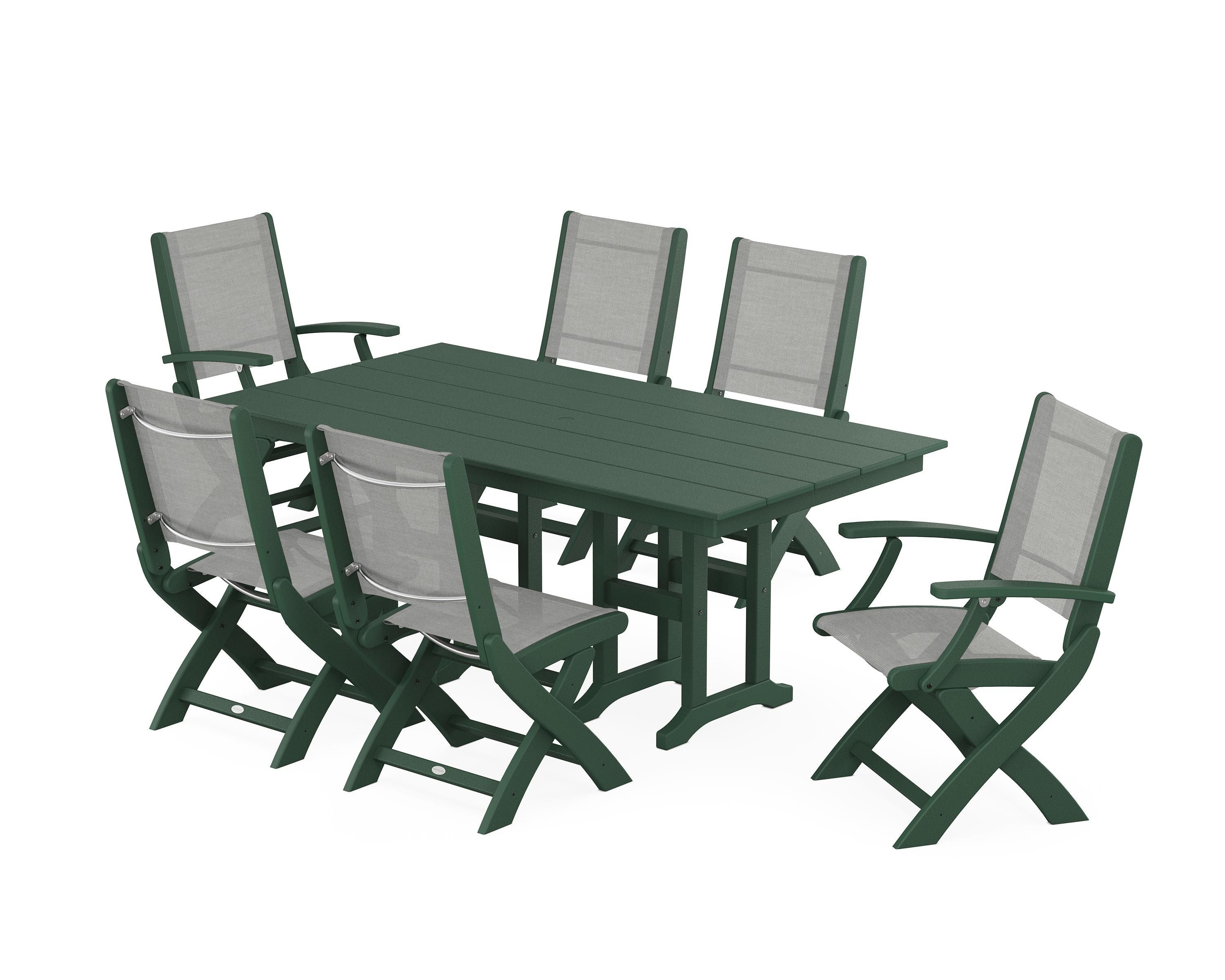 POLYWOOD Coastal Folding Chair 7-Piece Farmhouse Dining Set in Green / Metallic Sling