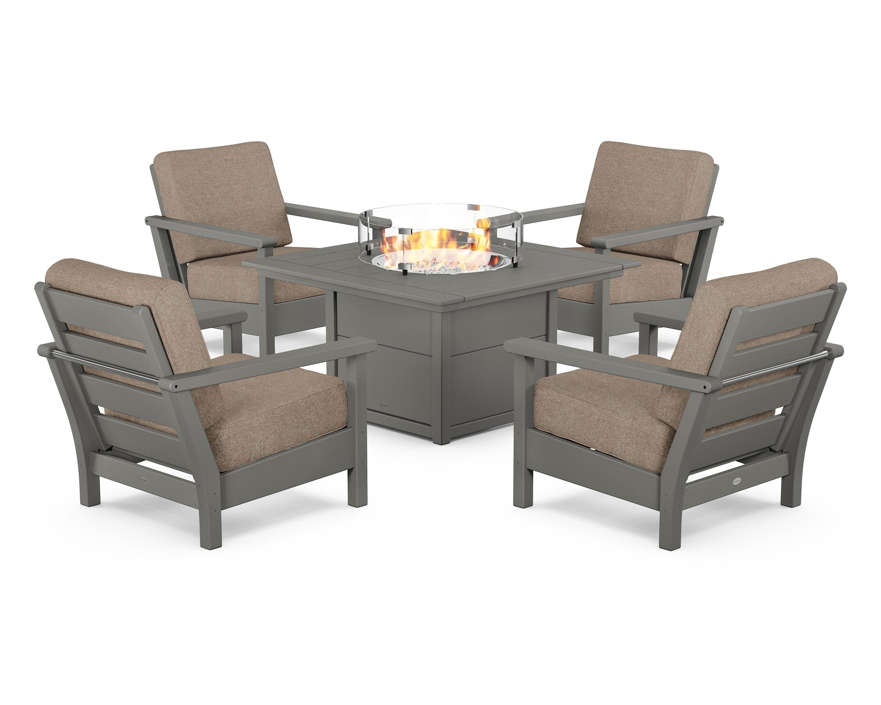 POLYWOOD Harbour 5-Piece Conversation Set with Fire Pit Table in Slate Grey / Spiced Burlap