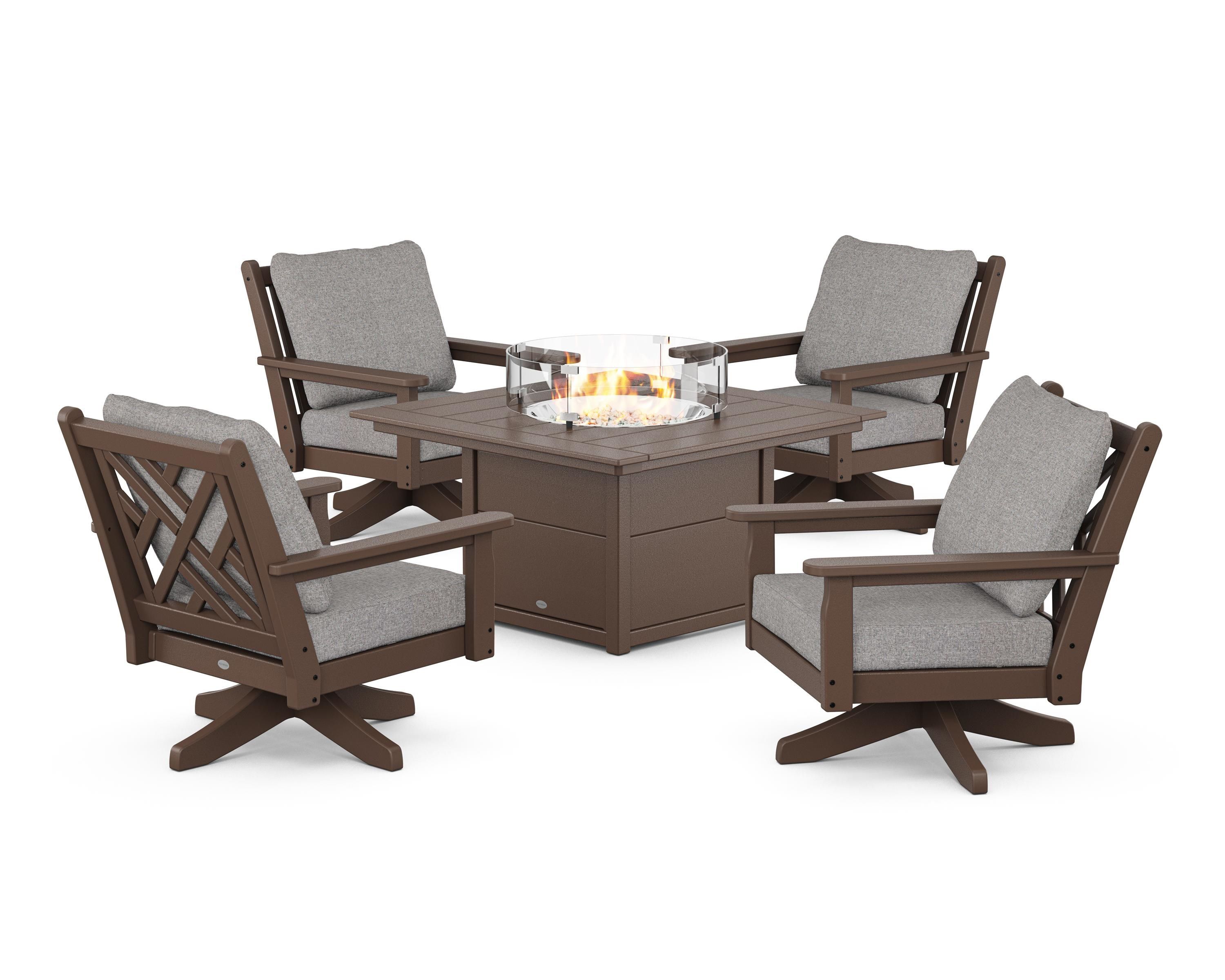 POLYWOOD Chippendale 5-Piece Deep Seating Swivel Conversation Set with Fire Pit Table in Mahogany / Grey Mist