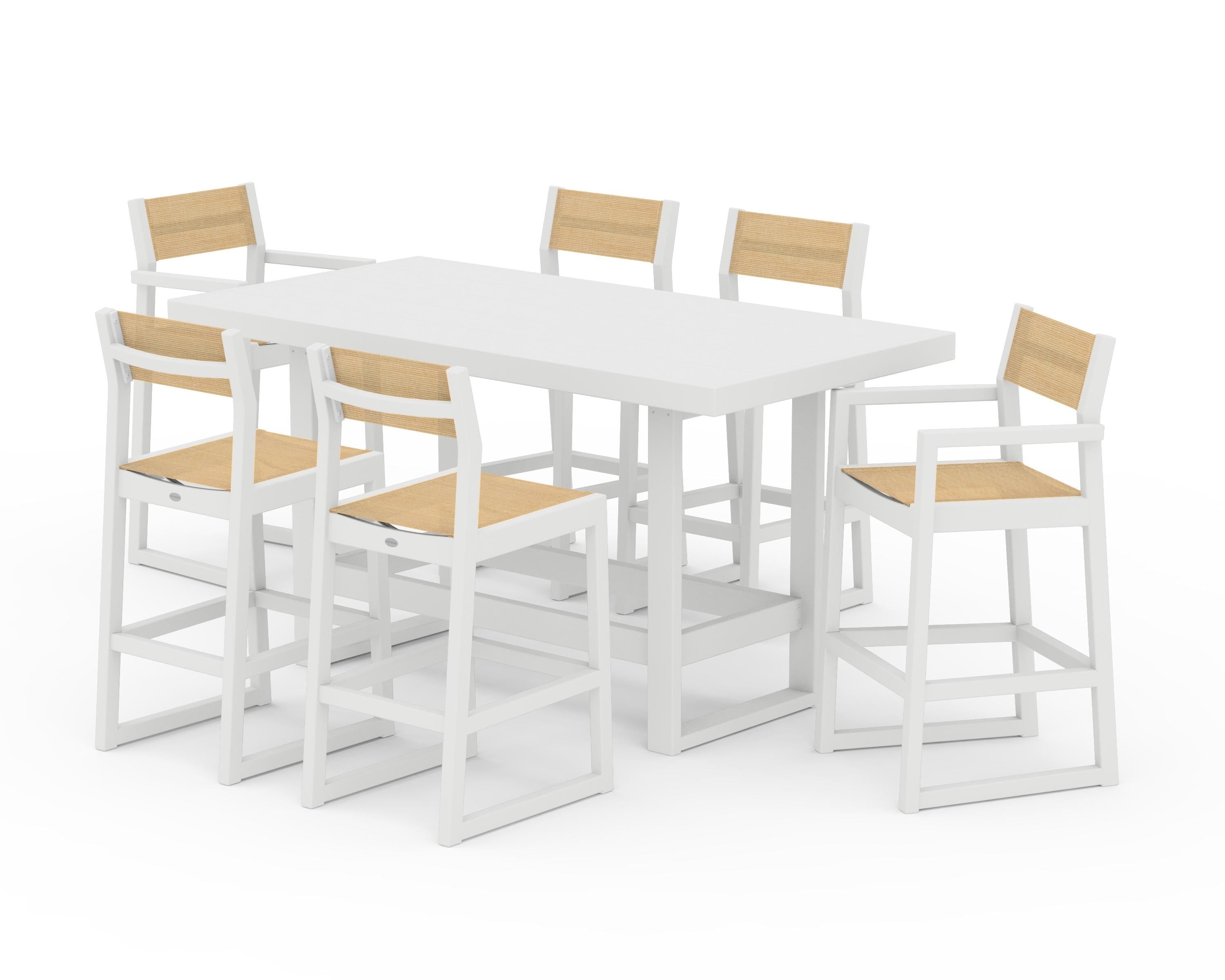 POLYWOOD EDGE Sling 7-Piece Bar Table Set in White / Dupioni Apricot Sling