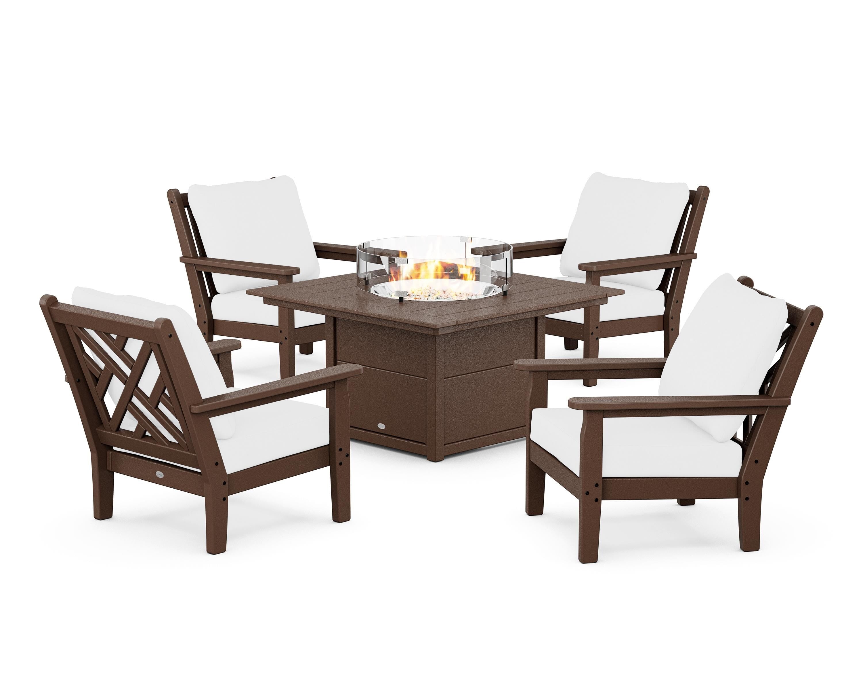 POLYWOOD Chippendale 5-Piece Deep Seating Set with Fire Pit Table in Mahogany / Natural