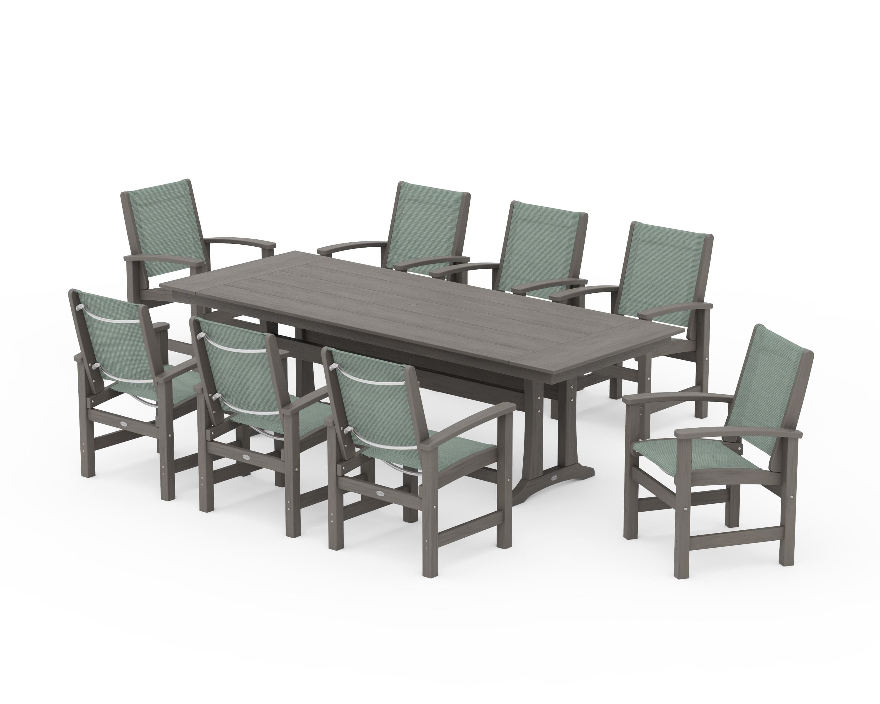 POLYWOOD Coastal 9-Piece Farmhouse Dining Set with Trestle Legs in Driftwood / Dupioni Sea Mist Sling