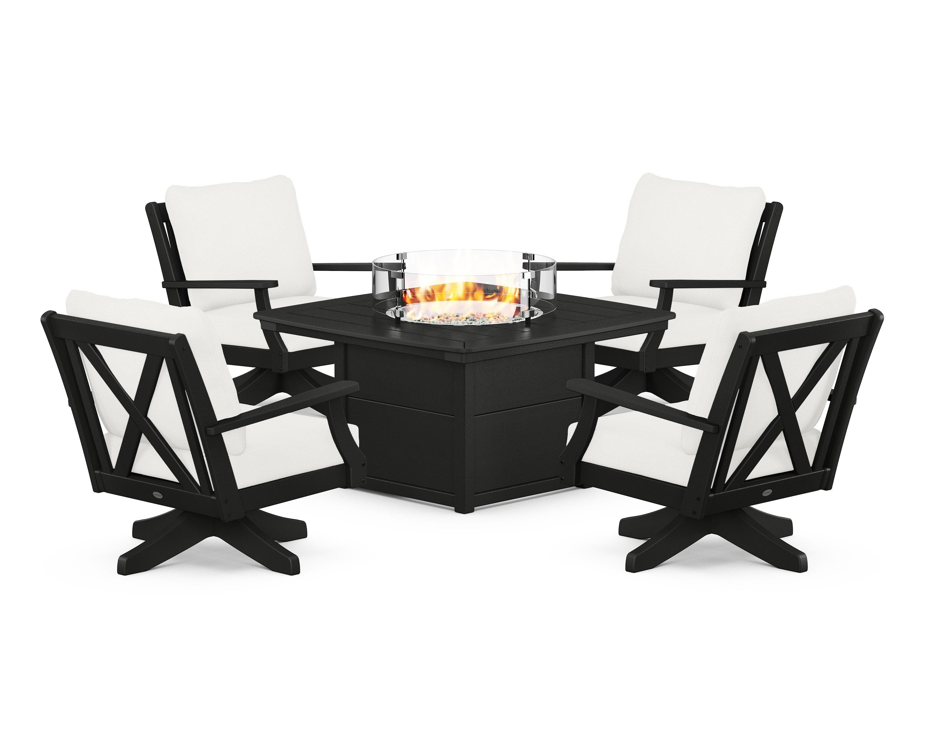 POLYWOOD Braxton 5-Piece Deep Seating Swivel Conversation Set with Fire Pit Table in Black / Natural Linen