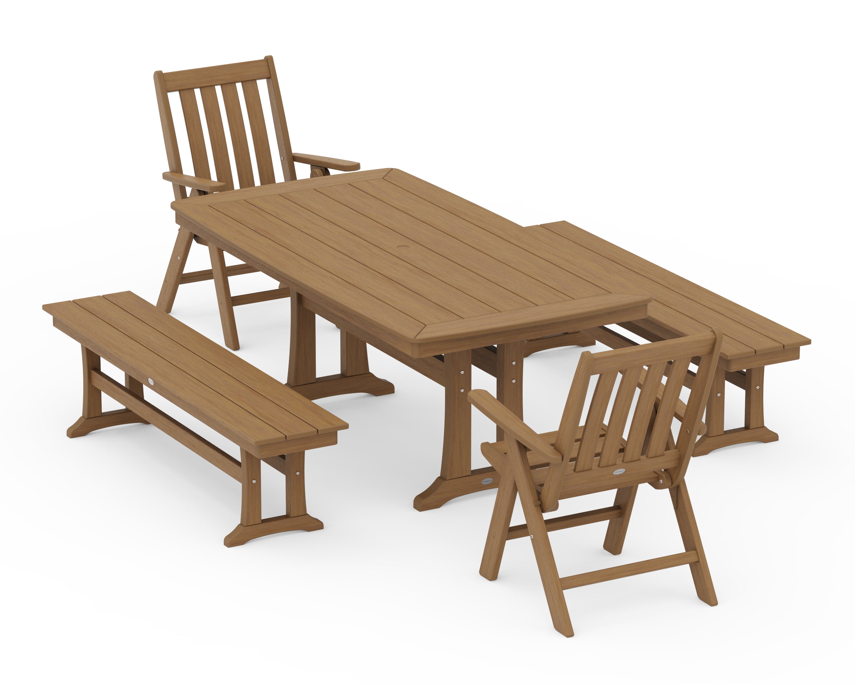 POLYWOOD Vineyard Folding Chair 5-Piece Dining Set with Trestle Legs and Benches in Natural