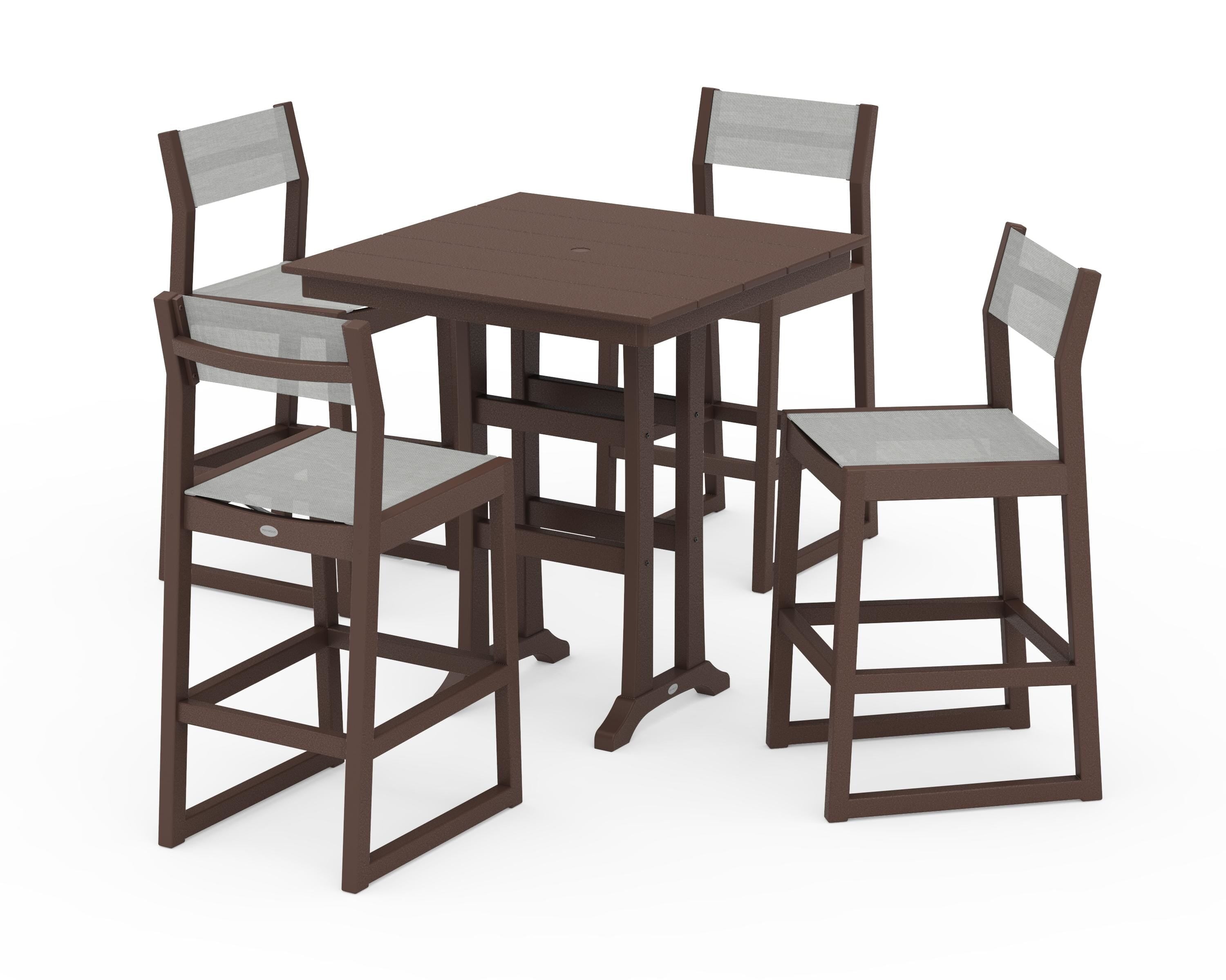 POLYWOOD EDGE Sling Arm Chair 5-Piece Farmhouse Bar Set with Trestle Legs in Mahogany / Metallic Sling