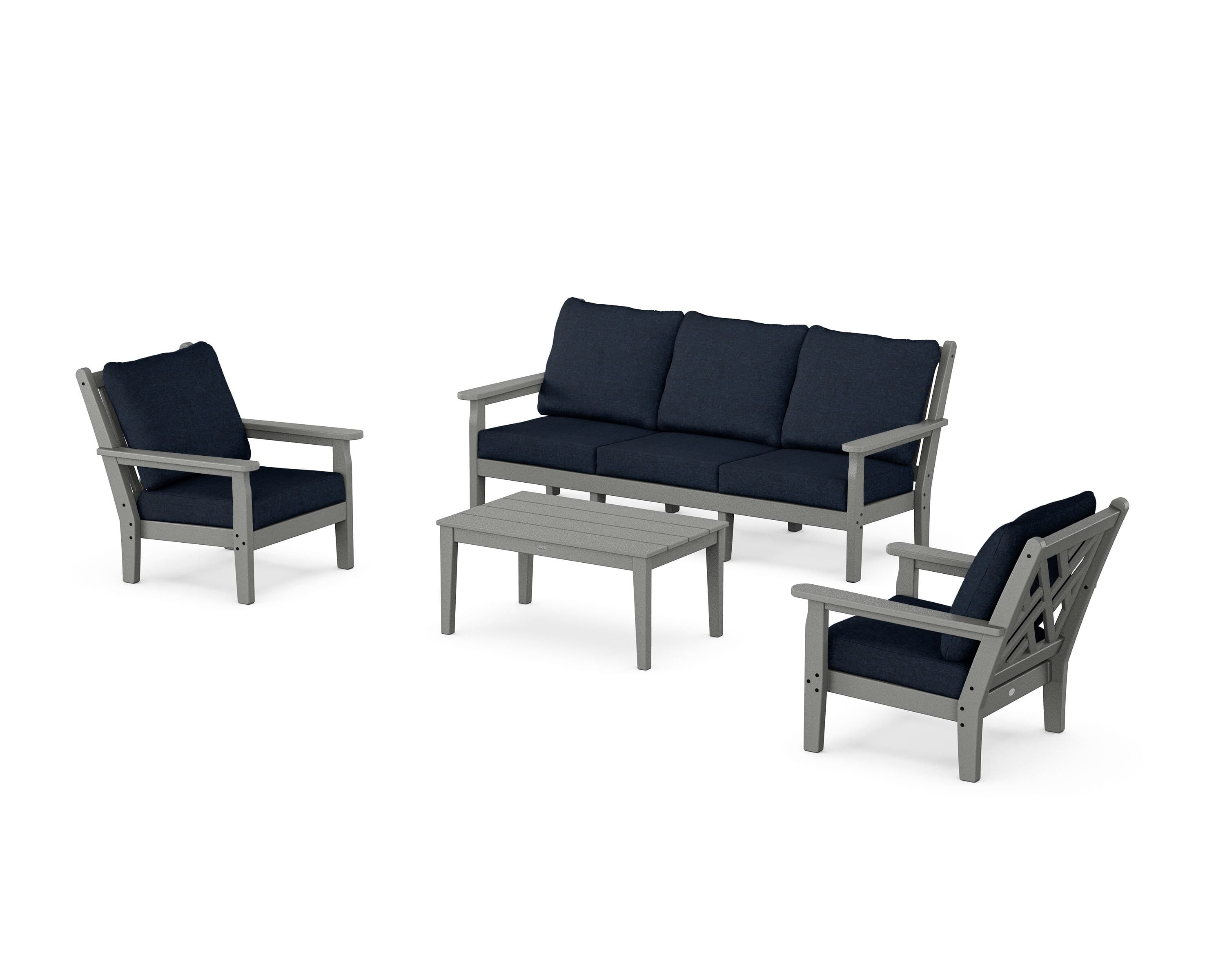 POLYWOOD Chippendale 4-Piece Deep Seating Set with Sofa in Slate Grey / Marine Indigo