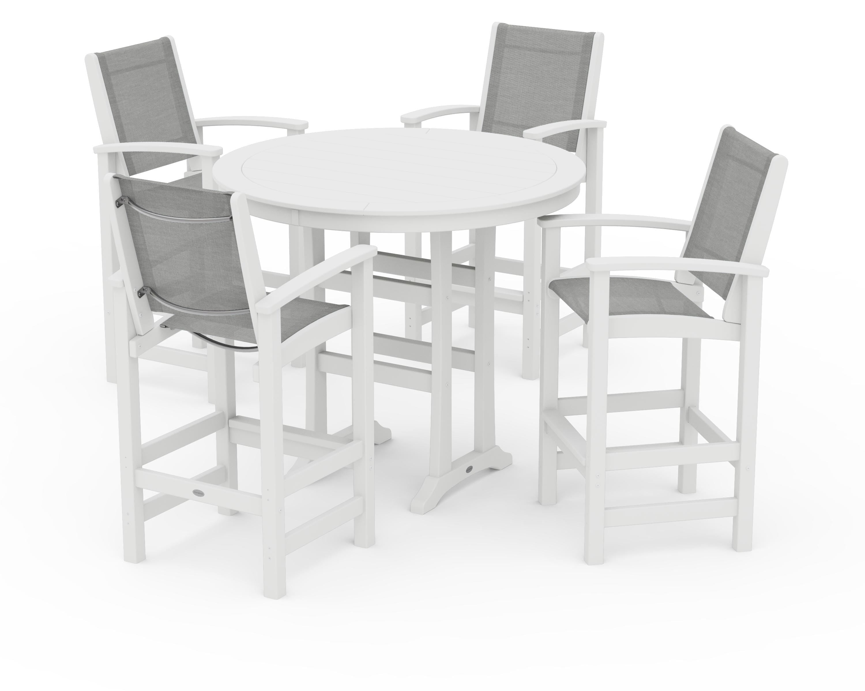 POLYWOOD Coastal 5-Piece Nautical Trestle Bar Set in White / Metallic Sling