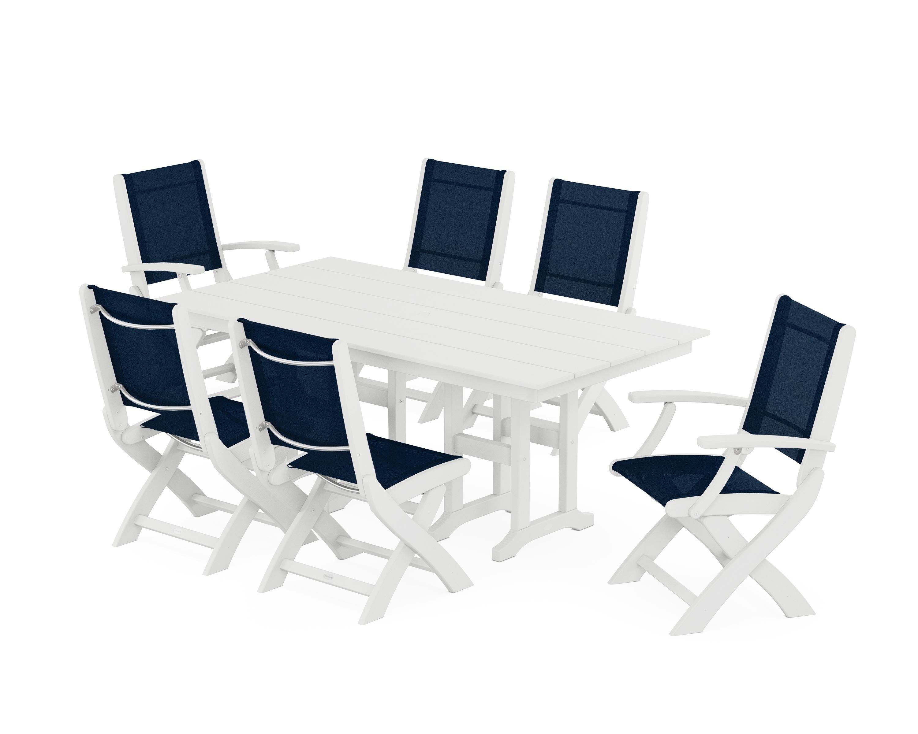 POLYWOOD Coastal Folding Chair 7-Piece Farmhouse Dining Set in White / Navy Blue Sling