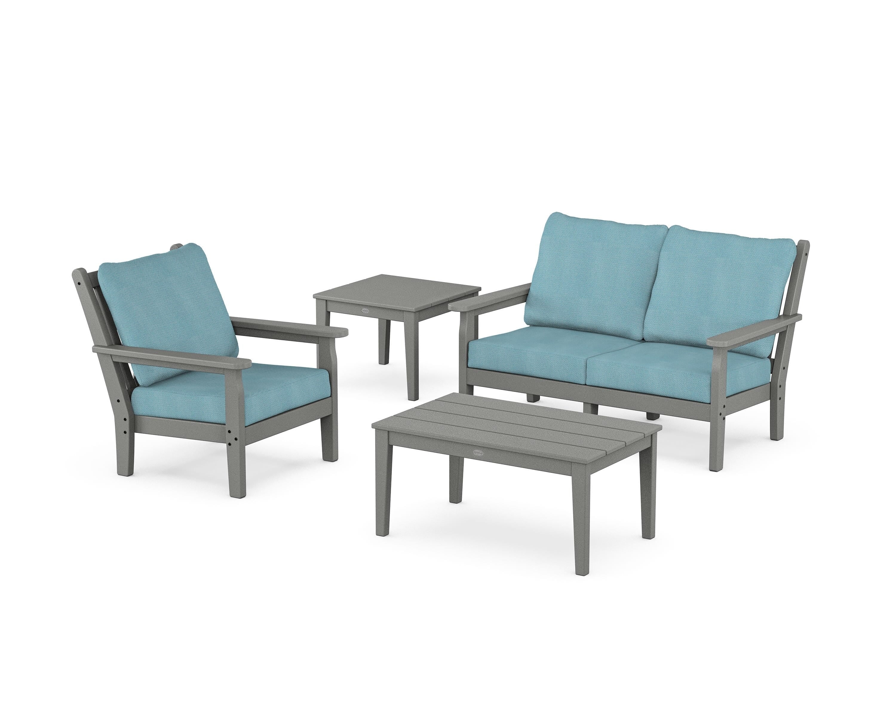 POLYWOOD Chippendale 4-Piece Deep Seating Set in Slate Grey / Lattice Sky Blue