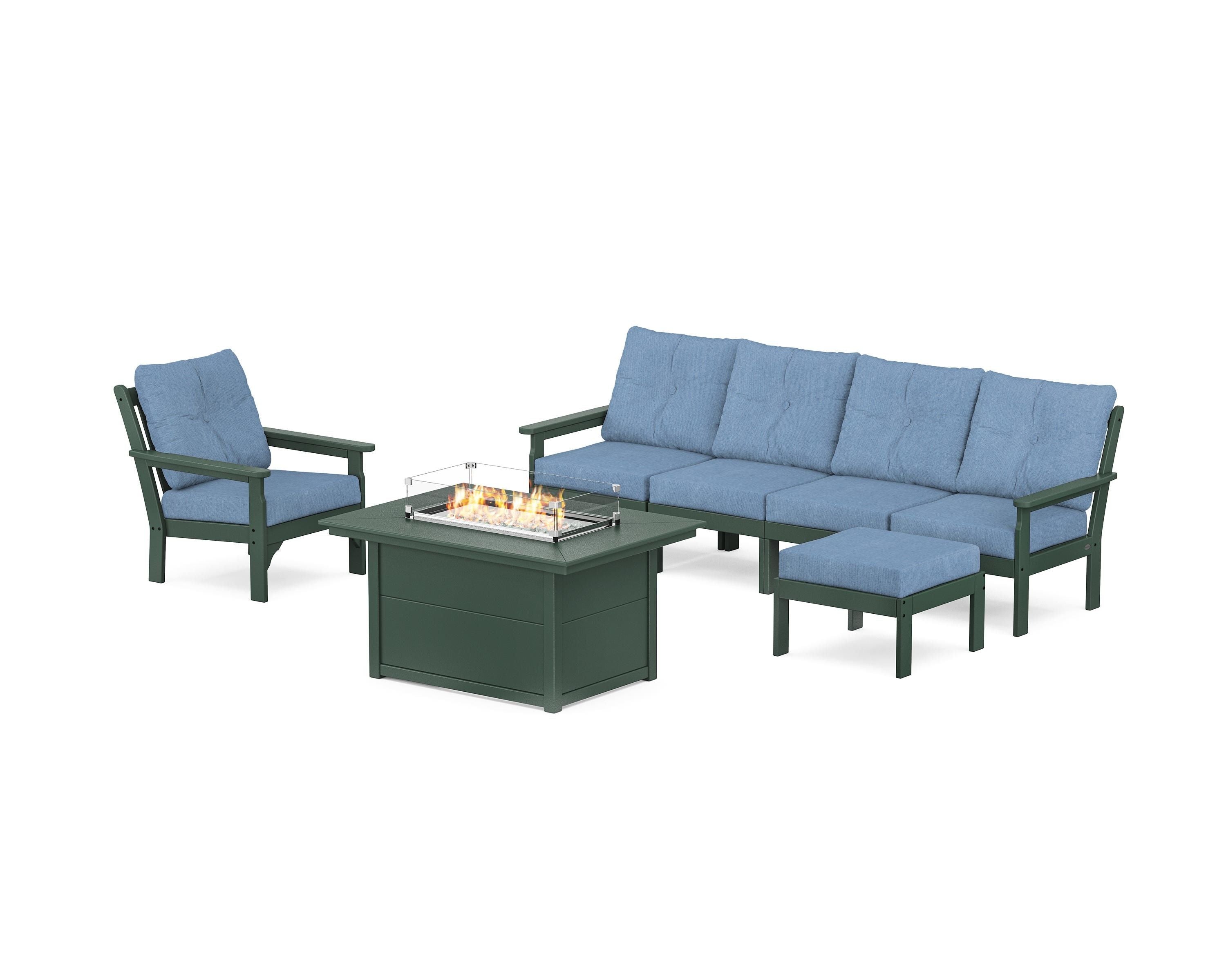 POLYWOOD Vineyard Sectional Lounge and Fire Pit Set in Green / Sky Blue