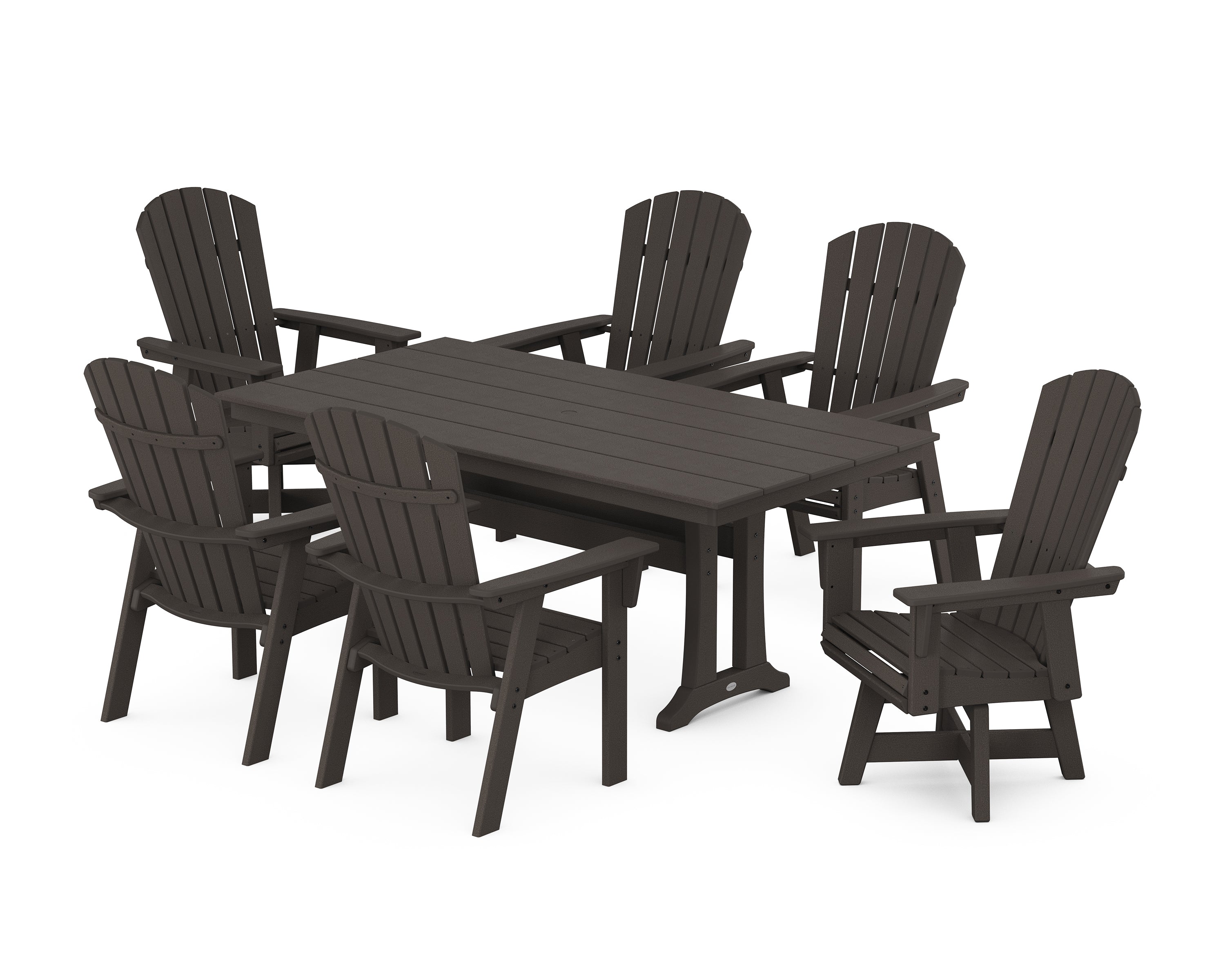 POLYWOOD® Nautical Curveback Adirondack Swivel Chair 7-Piece Farmhouse Dining Set With Trestle Legs in Vintage Coffee