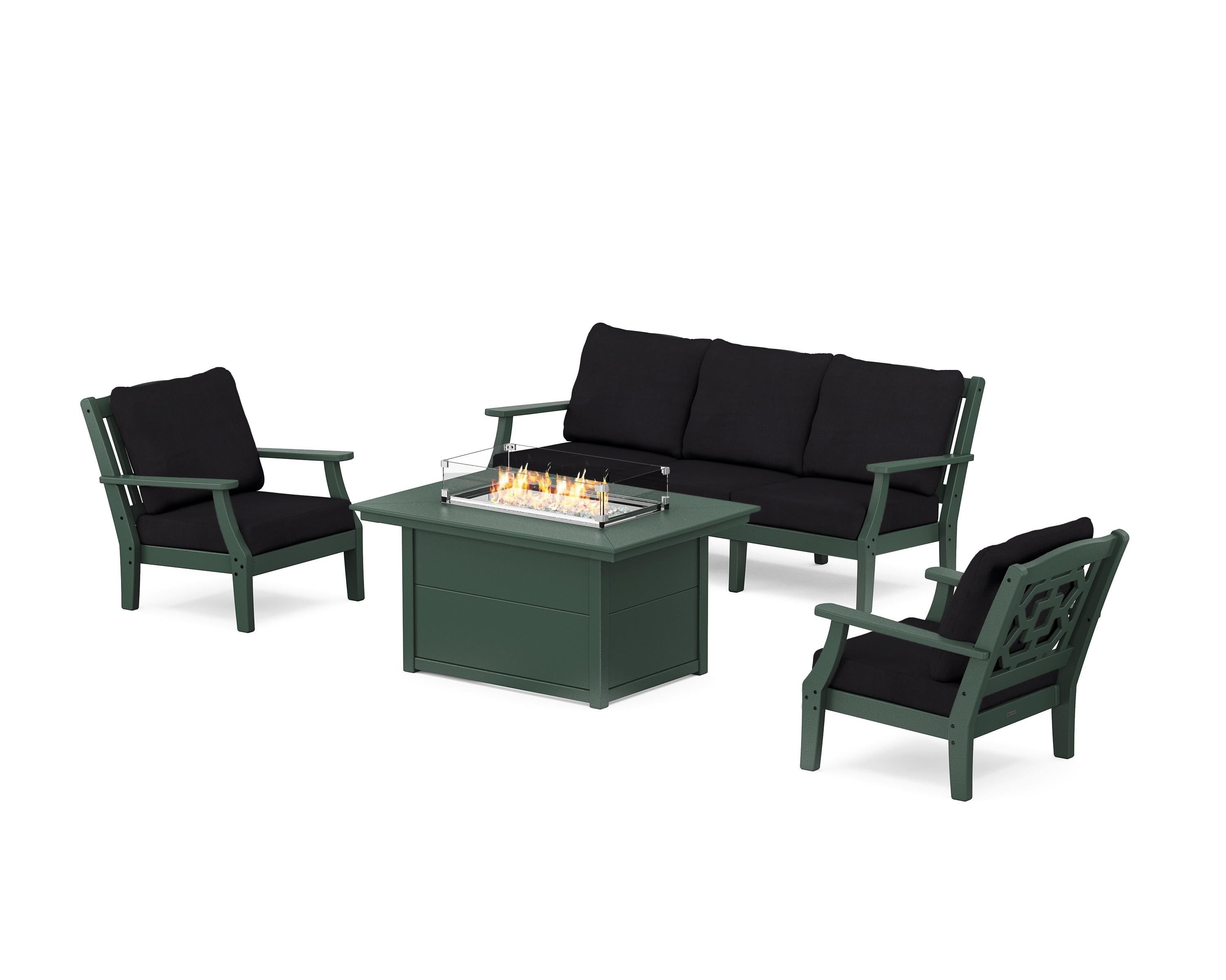 Martha Stewart by POLYWOOD Chinoiserie Deep Seating Fire Pit Table Set in Green / Midnight Linen