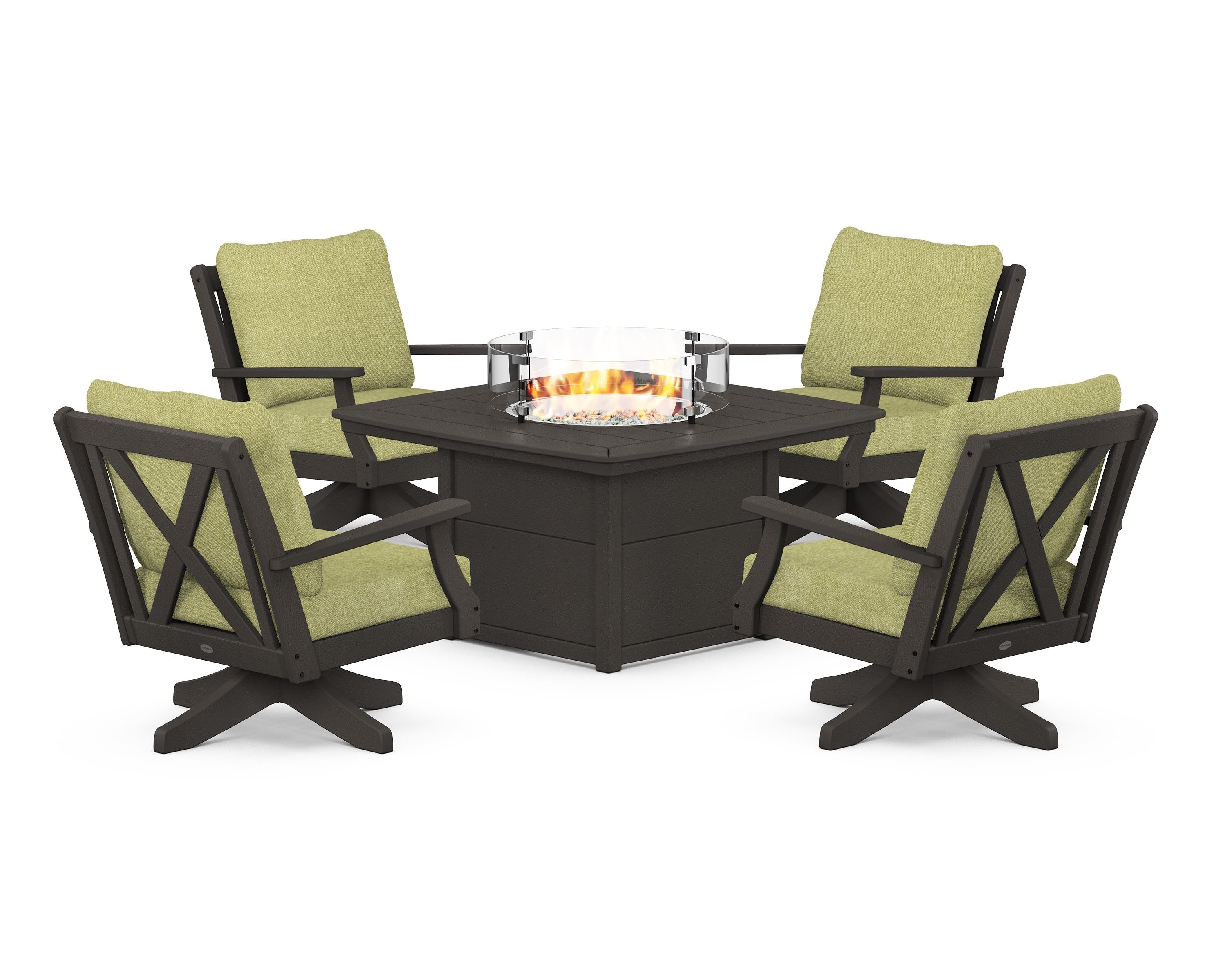 POLYWOOD Braxton 5-Piece Deep Seating Swivel Conversation Set with Fire Pit Table in Vintage Coffee / Chartreuse Boucle