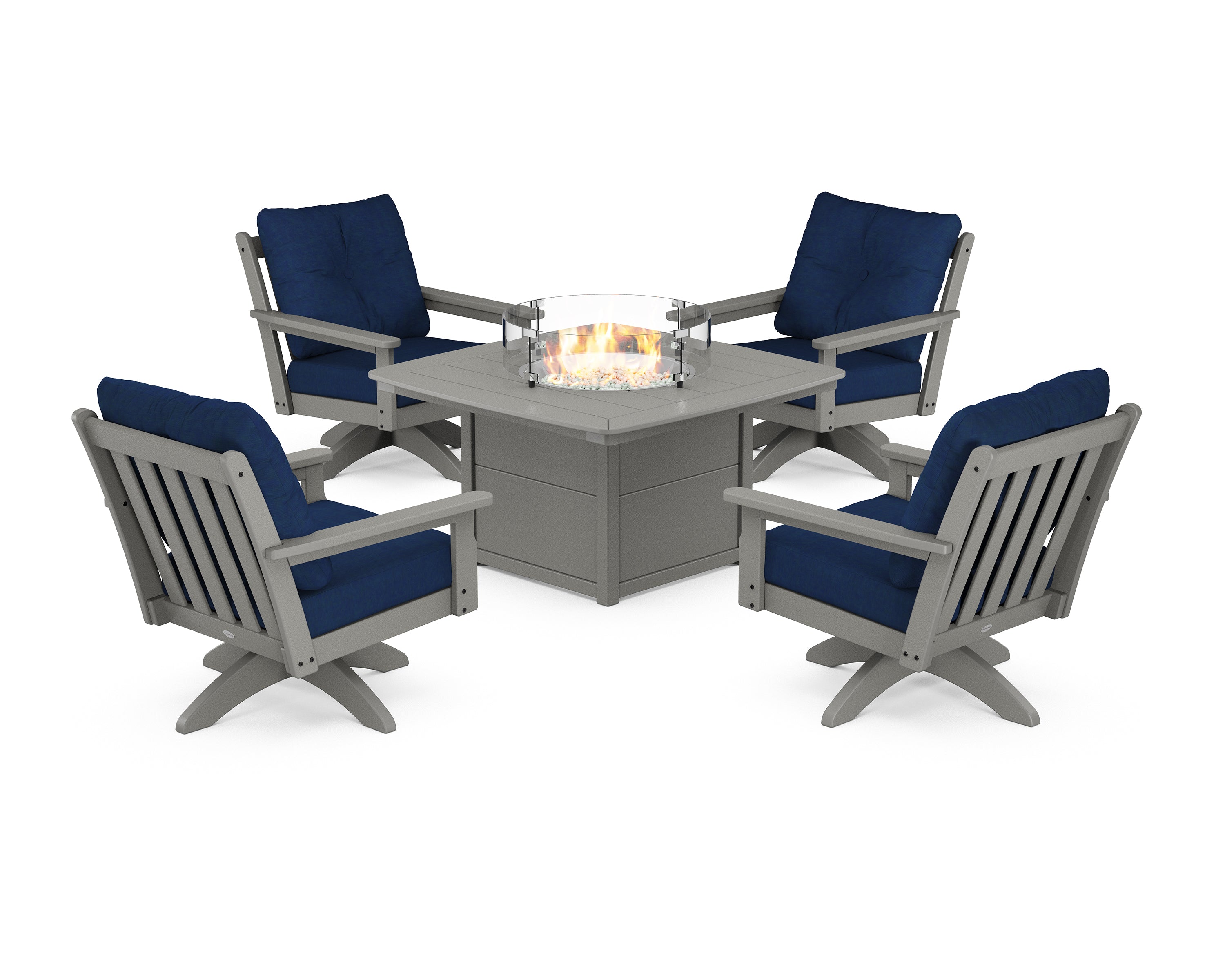 POLYWOOD Vineyard 5-Piece Deep Seating Swivel Conversation Set with Fire Pit Table in Slate Grey / Navy
