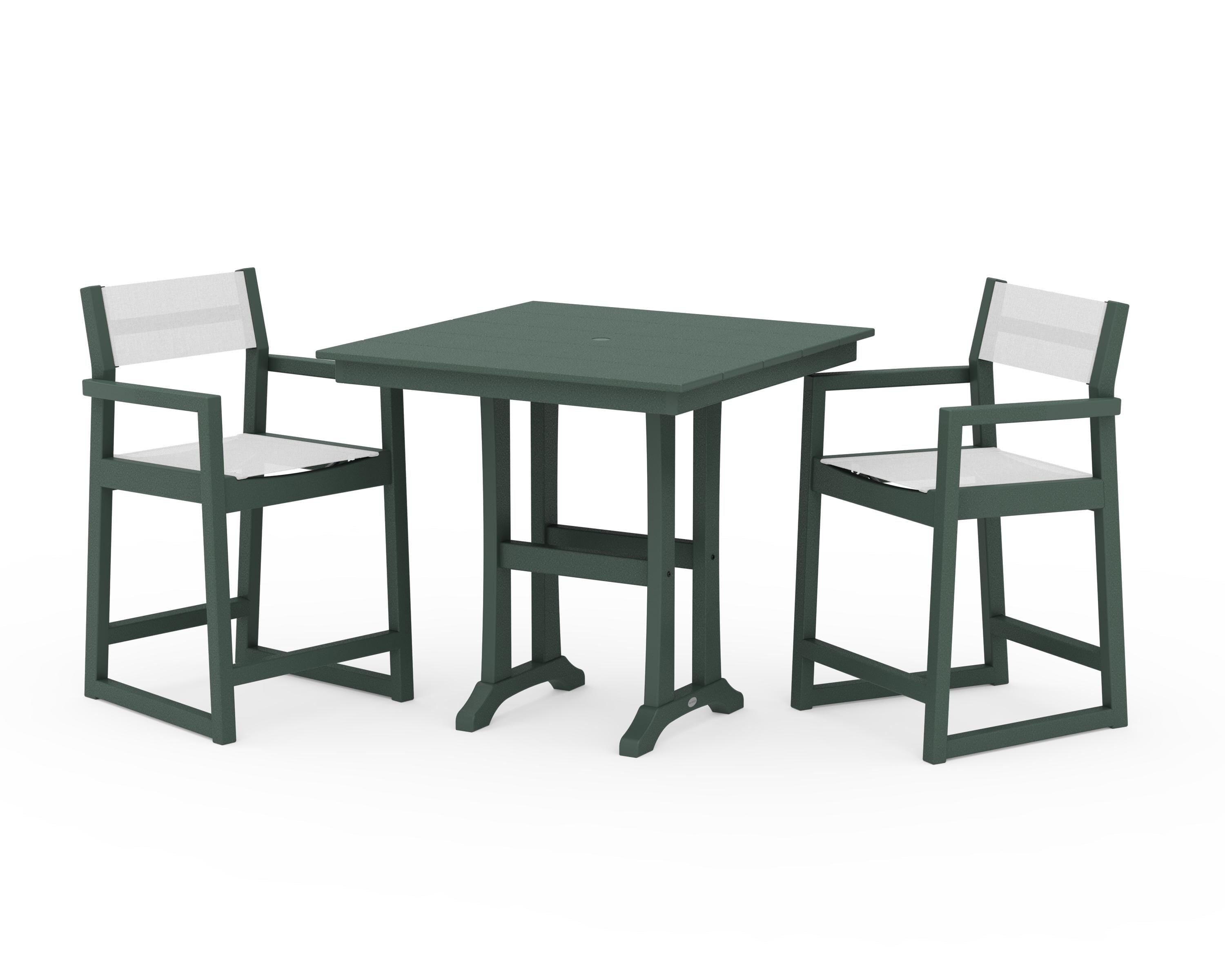 POLYWOOD EDGE Sling Arm Chair 3-Piece Farmhouse Counter Set with Trestle Legs in Green / White Sling