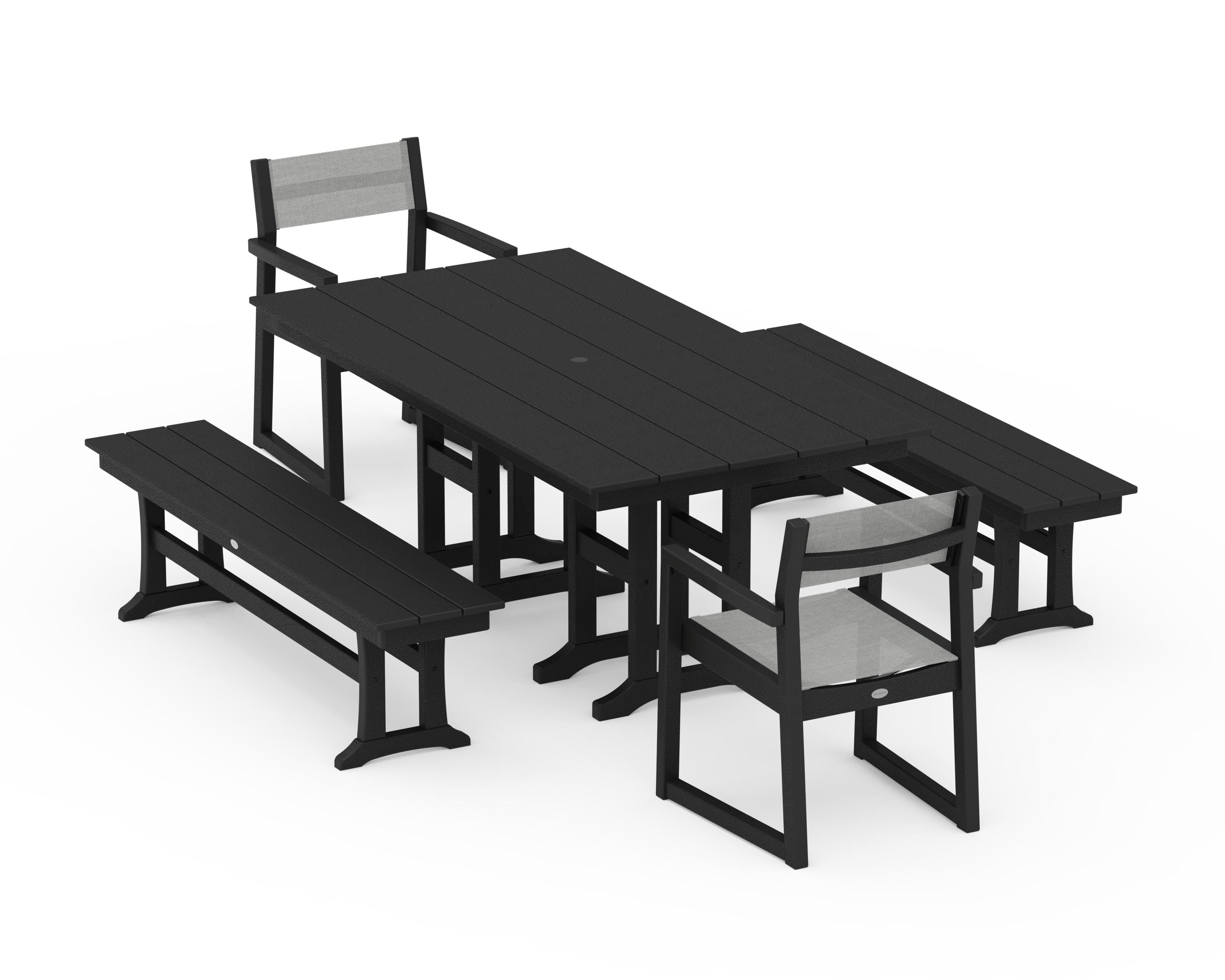 POLYWOOD EDGE Sling Arm Chair 5-Piece Farmhouse Dining Set with Benches in Black / Metallic Sling