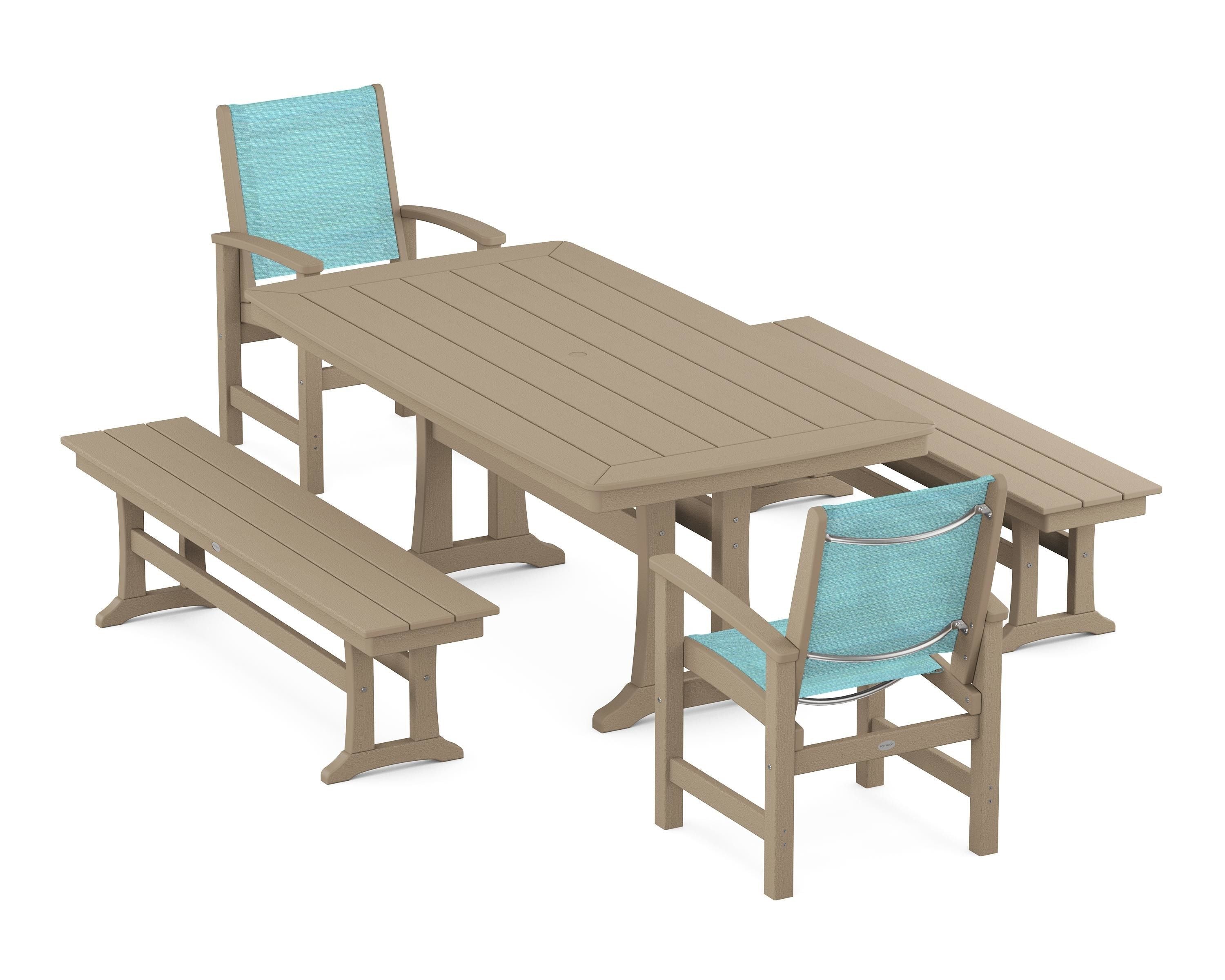POLYWOOD Coastal 5-Piece Dining Set with Trestle Legs and Benches in Vintage Sahara / Dupioni Aquamarine Sling