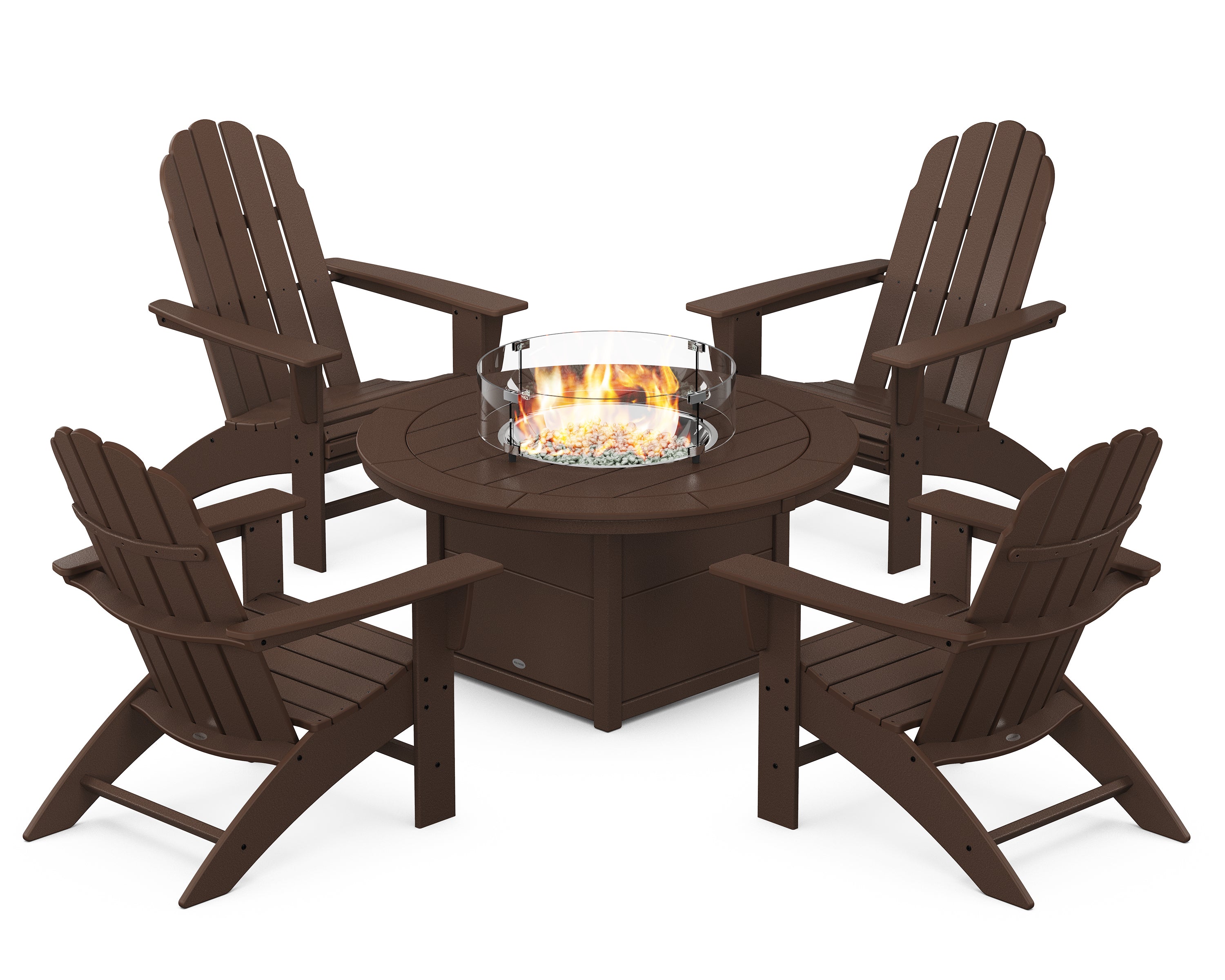 POLYWOOD® Vineyard Curveback Adirondack 5-Piece Conversation Set with Fire Pit Table in Mahogany