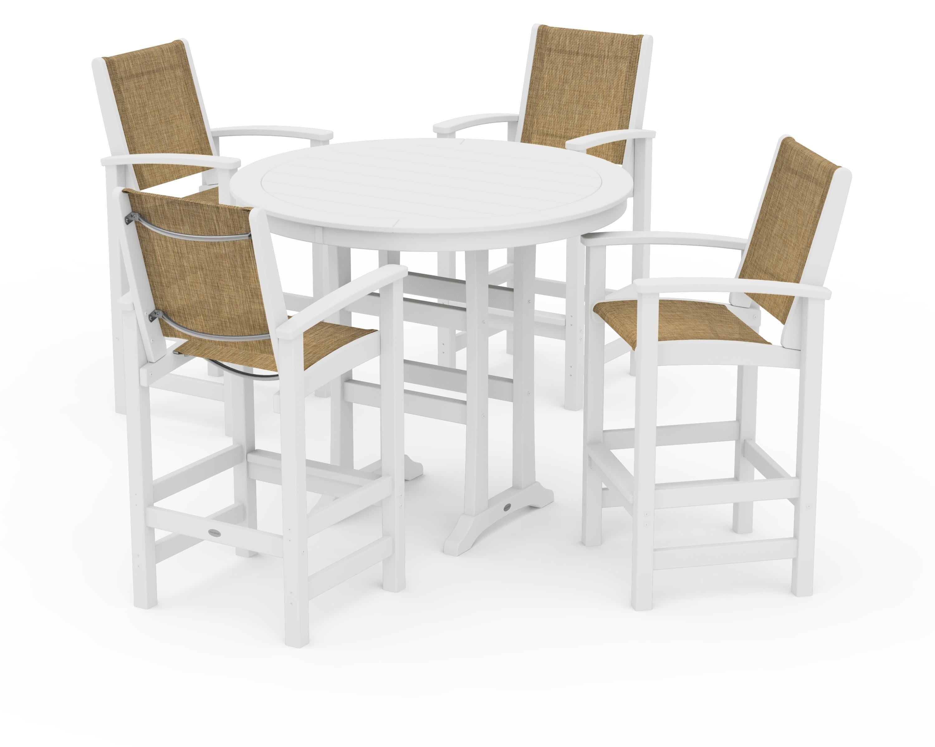 POLYWOOD Coastal 5-Piece Nautical Trestle Bar Set in White / Burlap Sling