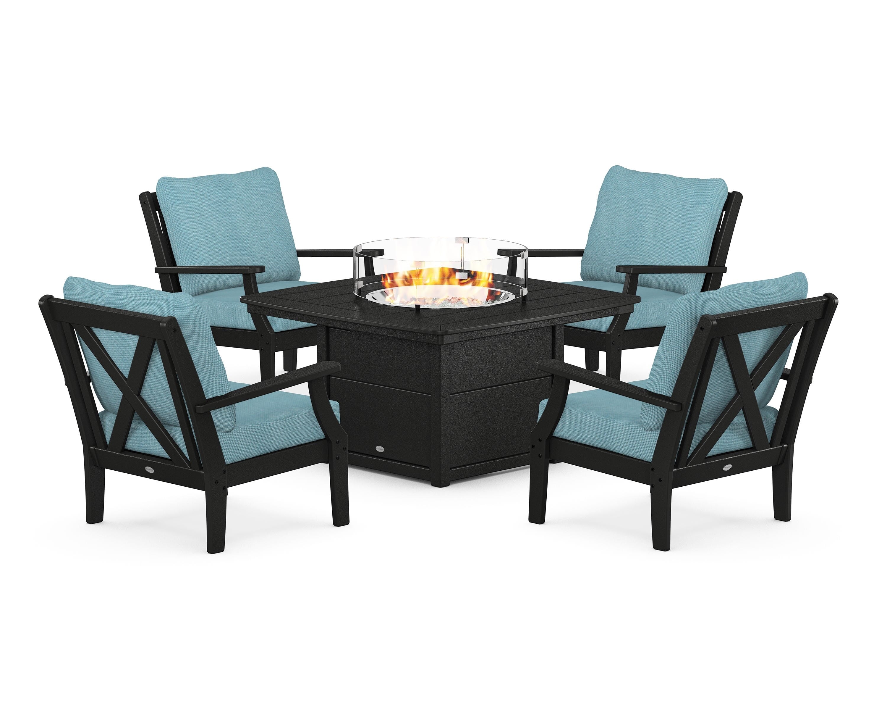 POLYWOOD Braxton 5-Piece Deep Seating Conversation Set with Fire Pit Table in Black / Lattice Sky Blue