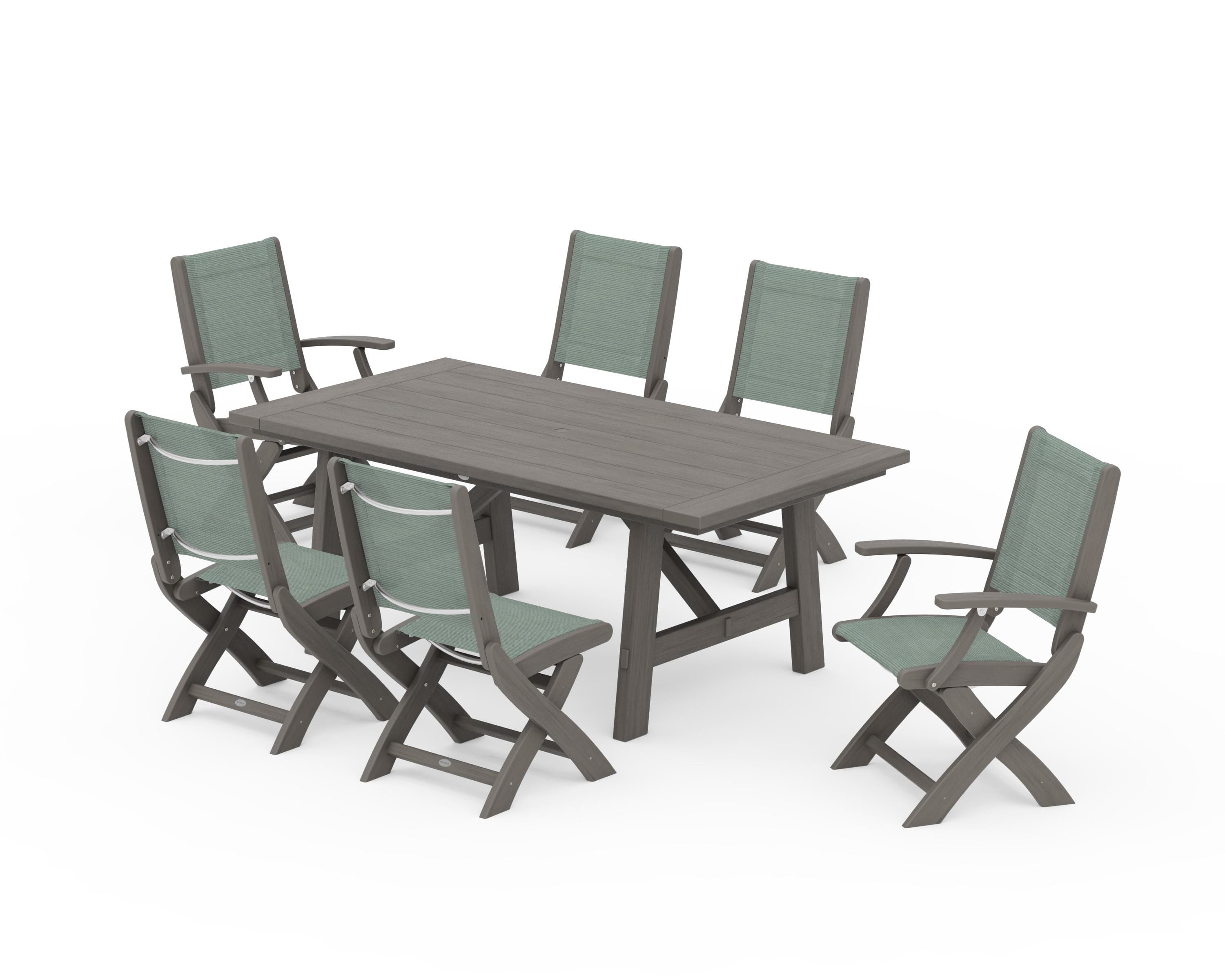 POLYWOOD Coastal Folding Chair 7-Piece Rustic Farmhouse Dining Set in Driftwood / Dupioni Sea Mist Sling