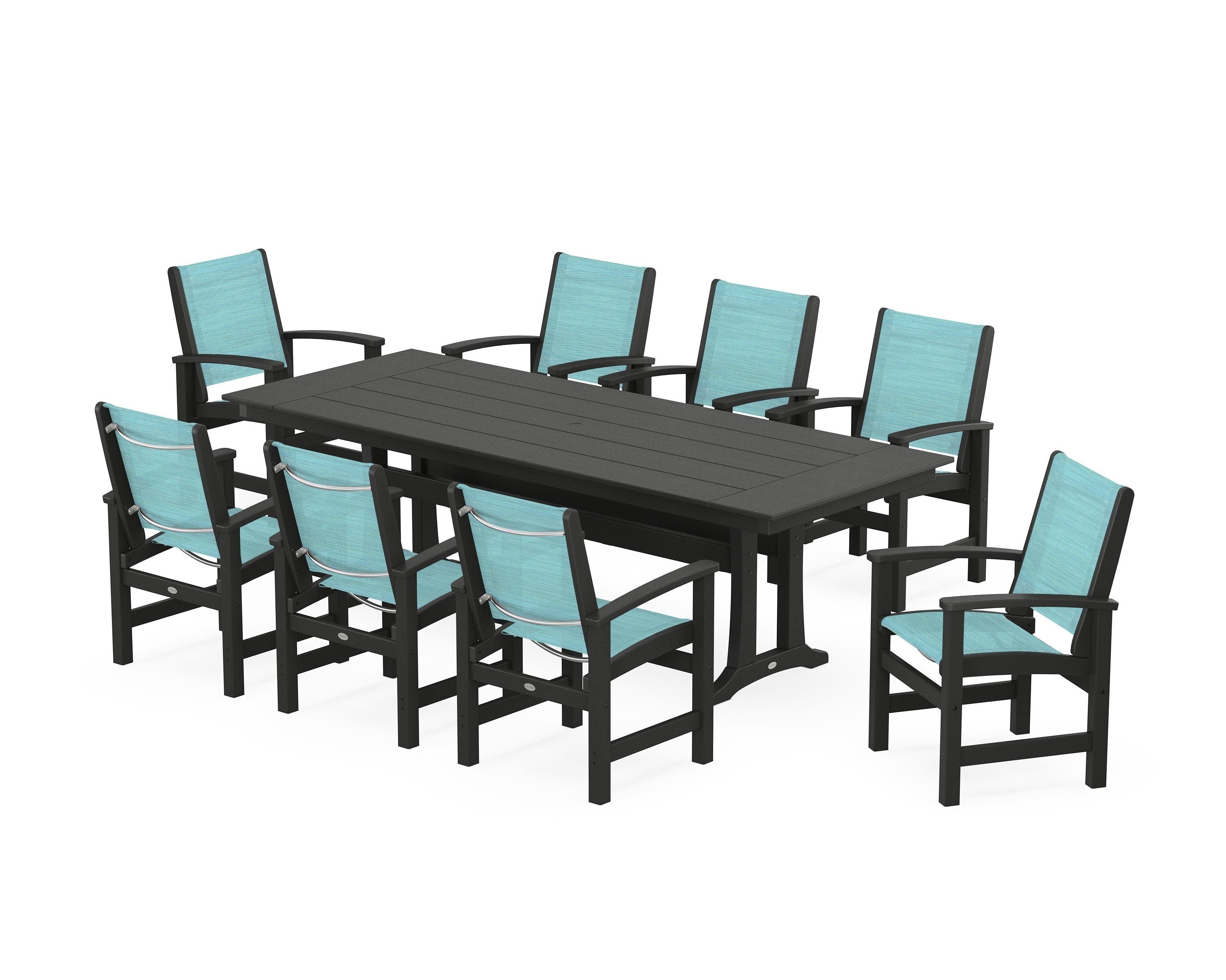 POLYWOOD Coastal 9-Piece Farmhouse Dining Set with Trestle Legs in Black / Dupioni Aquamarine Sling