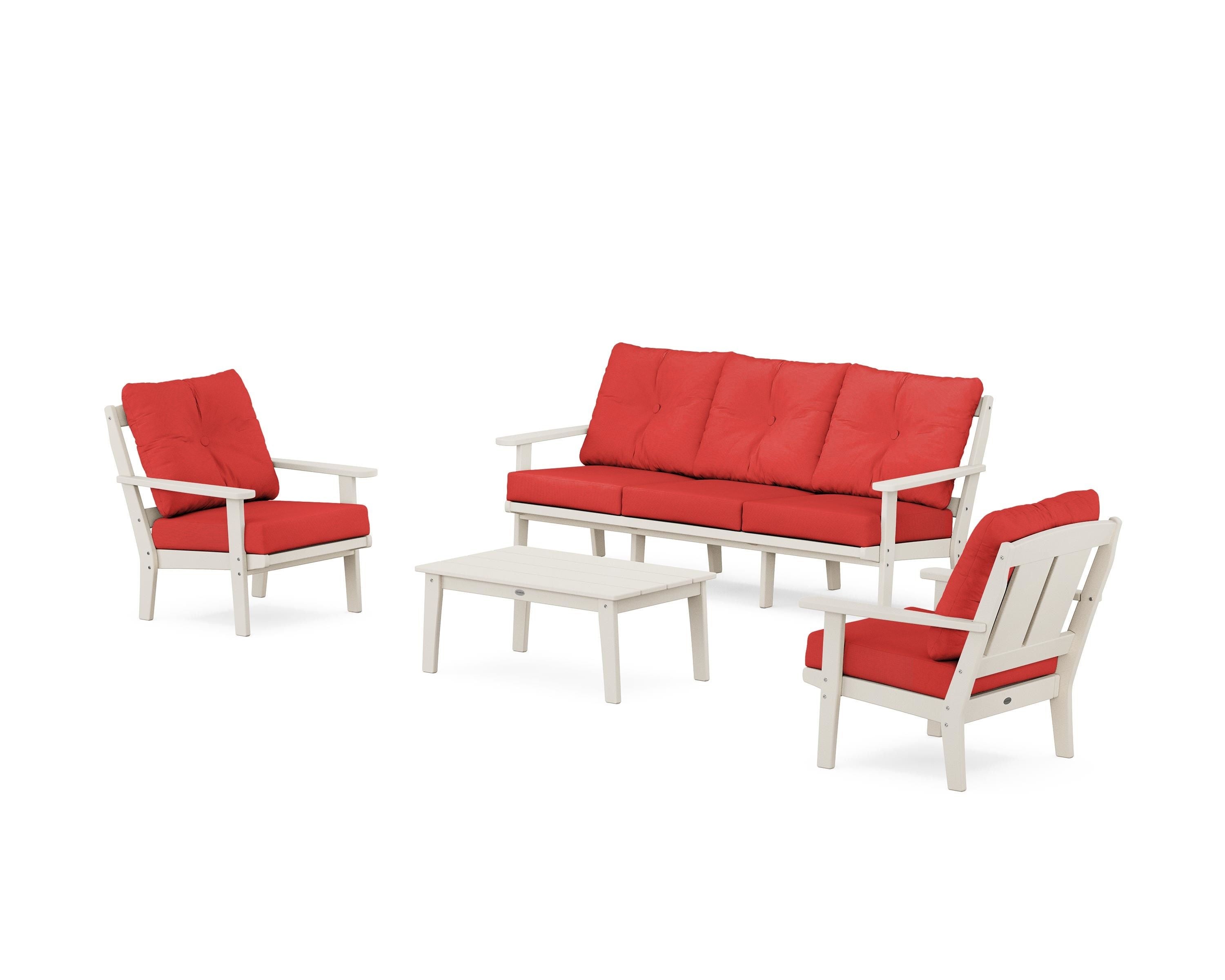 POLYWOOD Mission 4-Piece Deep Seating Set with Sofa in Sand / Crimson Linen